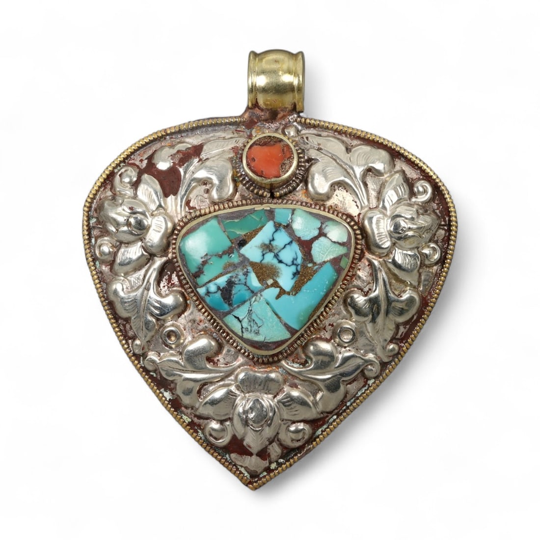 Vintage Himalayan Floral Turquoise Coral Silver Pendant, 20th Century, 7.5cm (1 of 2)