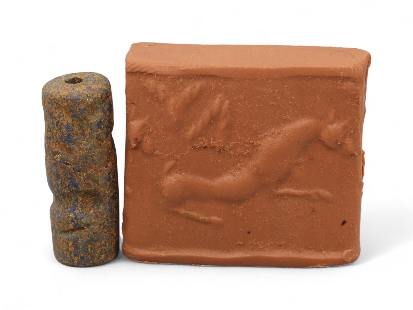 Ancient Mesopotamian Administrative Cylinder Seal, c. 2nd-1st Millennium BCE, 2.1m: This authentic cylinder seal from ancient Mesopotamia dates to the 2nd to 1st millennium BCE, a time when the art of carving miniature narratives on stone reached remarkable levels of refinement. Seal