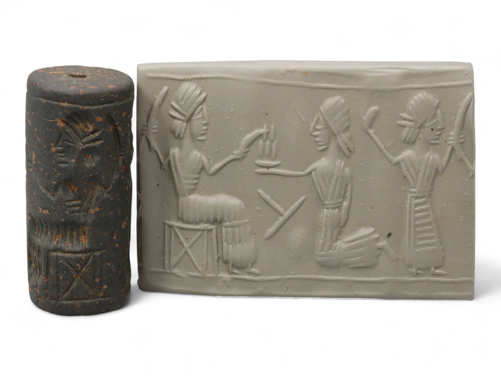 Ancient Mesopotamian Administrative Cylinder Seal, c. 2nd-1st Millennium BCE, 4.5cm: This authentic cylinder seal from ancient Mesopotamia dates to the 2nd to 1st millennium BCE, a time when the art of carving miniature narratives on stone reached remarkable levels of refinement. Seal