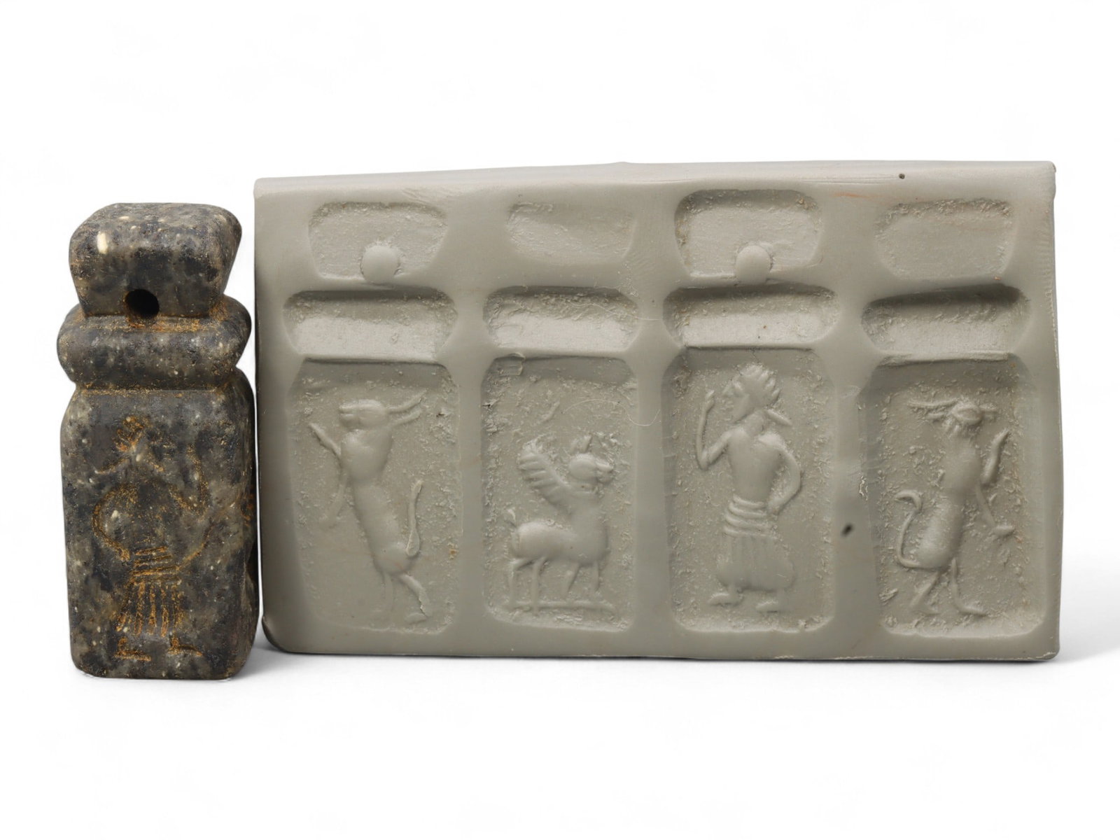 Ancient Mesopotamian Administrative Cylinder Seal, c. 2nd-1st Millennium BCE, 4.5cm: This authentic cylinder seal from ancient Mesopotamia dates to the 2nd to 1st millennium BCE, a time when the art of carving miniature narratives on stone reached remarkable levels of refinement. Seal