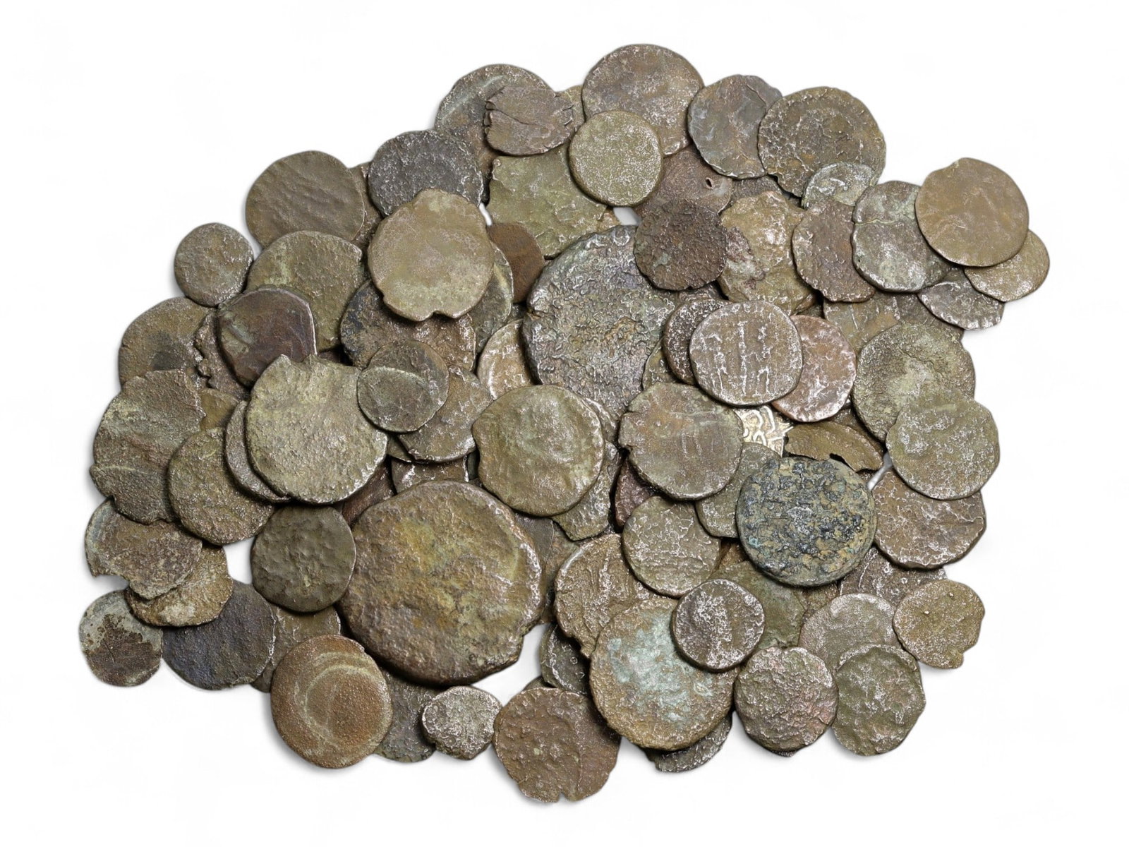 Ancient Roman Bronze Coins Lot, AE3 and AE4, c. 3rd-5th Century CE, 111 Coins: This remarkable lot of 111 bronze coins offers a sweeping view into the late Roman Empire, spanning the 3rd to 5th centuries CE. These AE3 and AE4 denominations represented the daily currency of Rome,