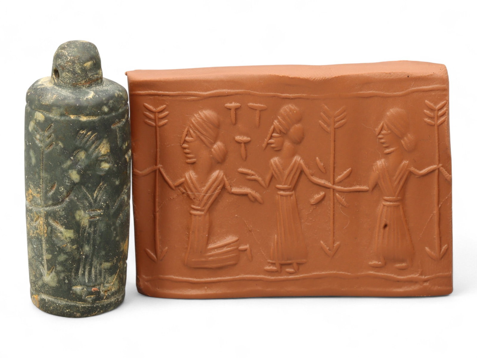 Ancient Mesopotamian Administrative Cylinder Seal, c. 2nd-1st Millennium BCE, 5cm: This authentic cylinder seal from ancient Mesopotamia dates to the 2nd to 1st millennium BCE, a time when the art of carving miniature narratives on stone reached remarkable levels of refinement. Seal