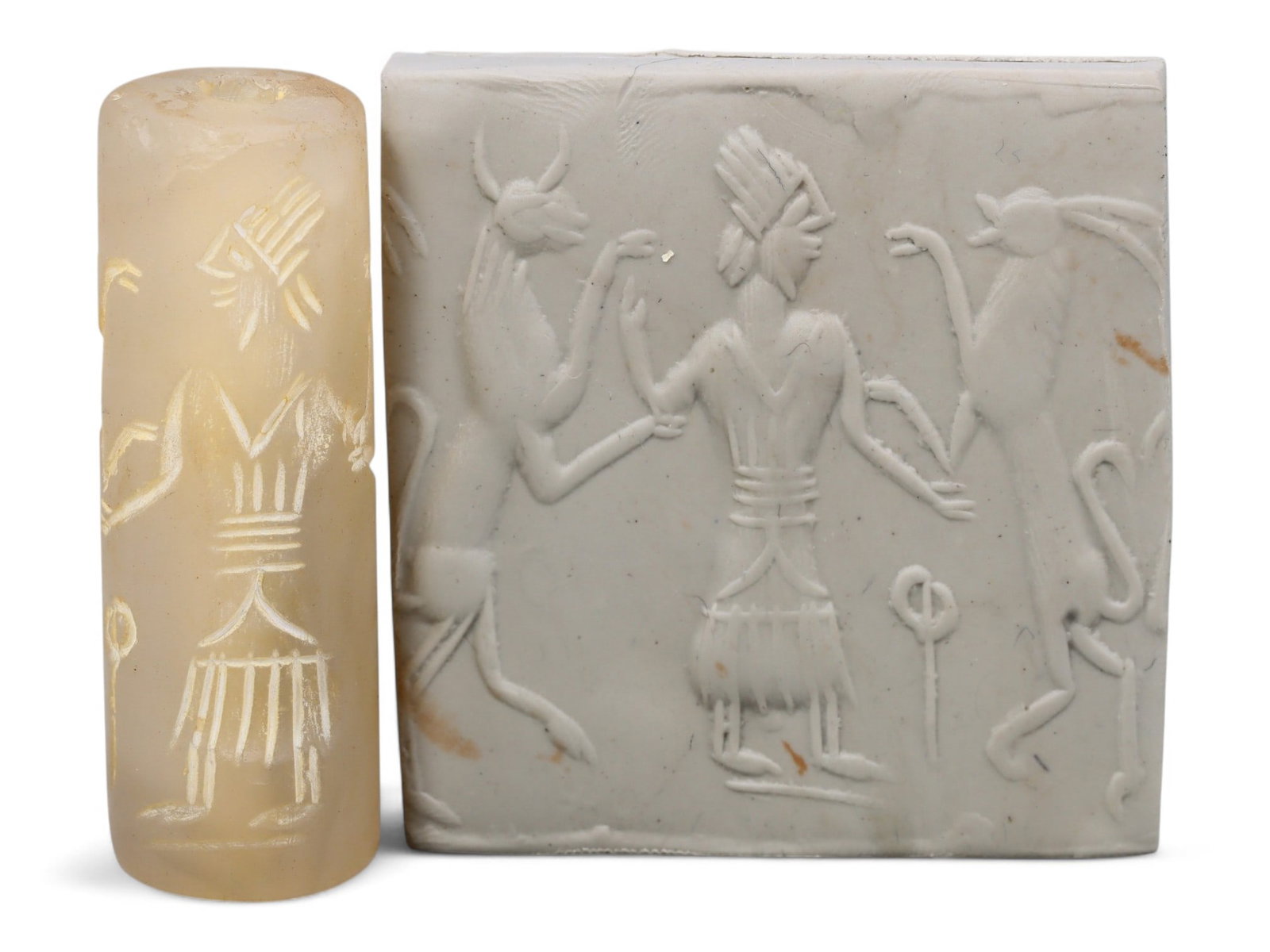 Ancient Mesopotamian Administrative Cylinder Seal, c. 2nd-1st Millennium BCE, 5.2cm: This authentic cylinder seal from ancient Mesopotamia dates to the 2nd to 1st millennium BCE, a time when the art of carving miniature narratives on stone reached remarkable levels of refinement. Seal