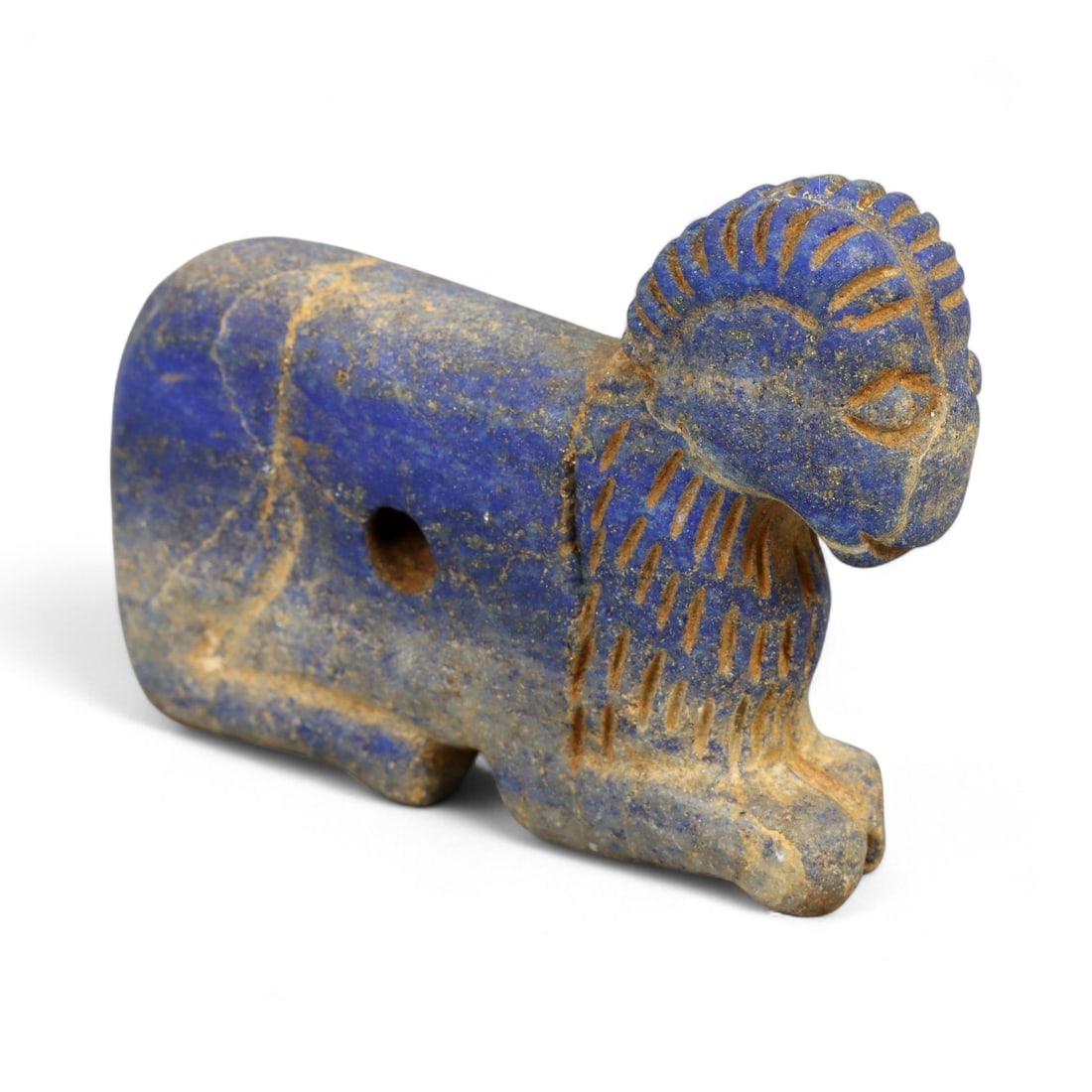 Ancient Bactrian Lapis Lazuli Ram Effigy, c. 2nd-1st Millennium BCE, 6.5cm: This exquisite lapis lazuli effigy originates from the ancient Bactrian region, an early civilization flourishing across modern-day northern Afghanistan and Central Asia during the 2nd-1st millennium