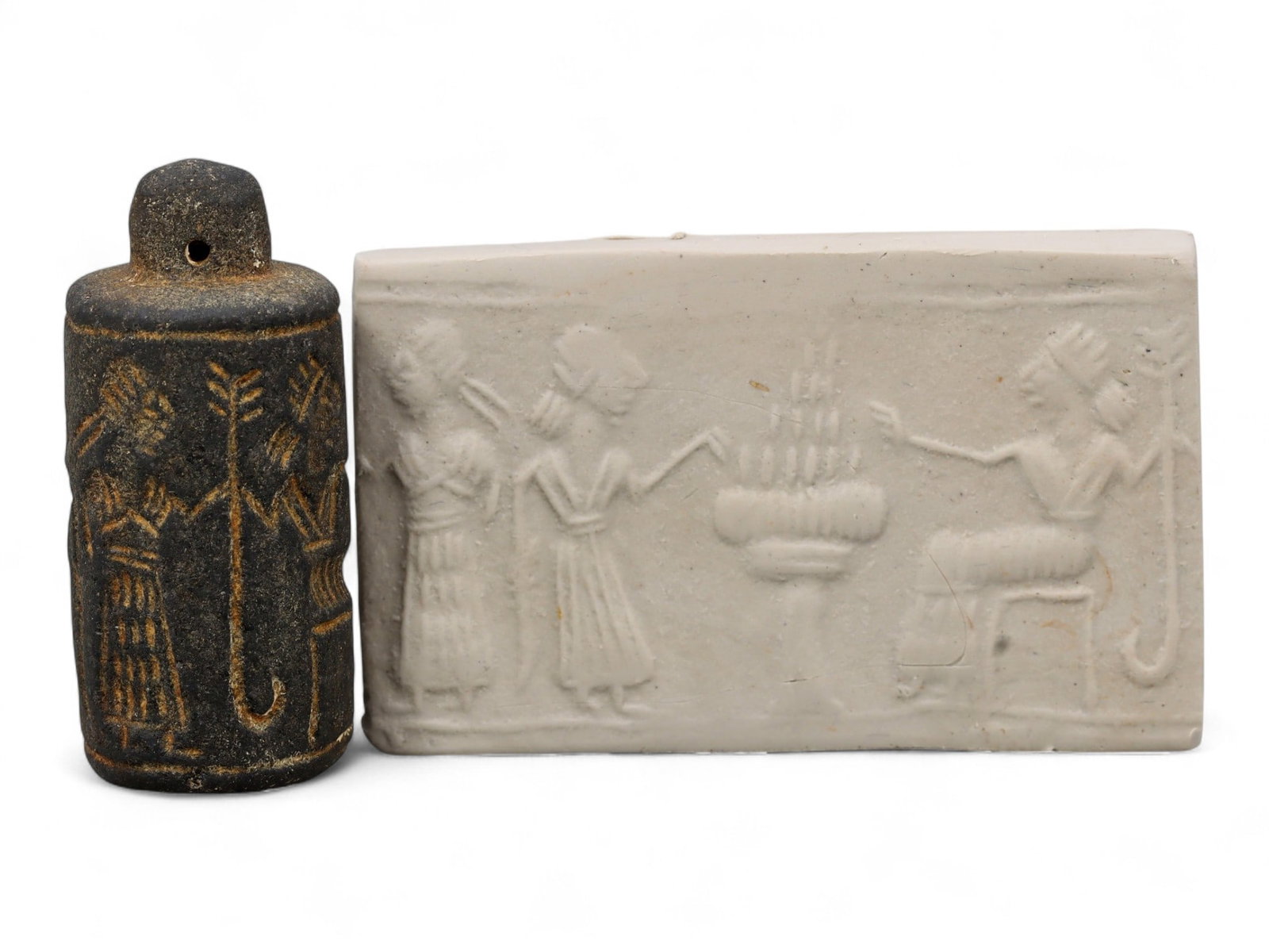 Ancient Mesopotamian Administrative Cylinder Seal, c. 2nd-1st Millennium BCE, 5cm: This authentic cylinder seal from ancient Mesopotamia dates to the 2nd to 1st millennium BCE, a time when the art of carving miniature narratives on stone reached remarkable levels of refinement. Seal