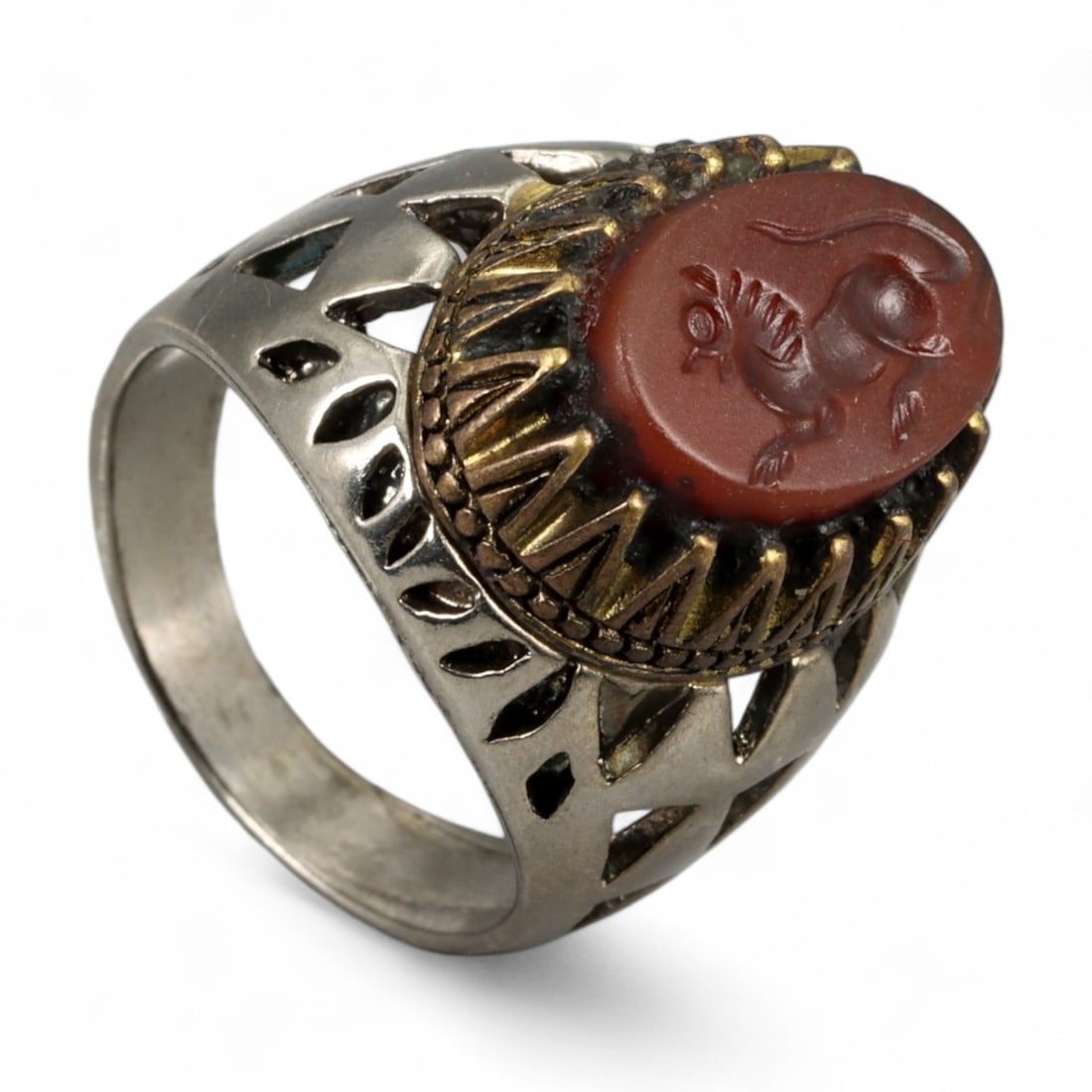 Antique Persian Lion Intaglio Carnelian Silver Ring, c. 19th Century 9g (1 of 3)