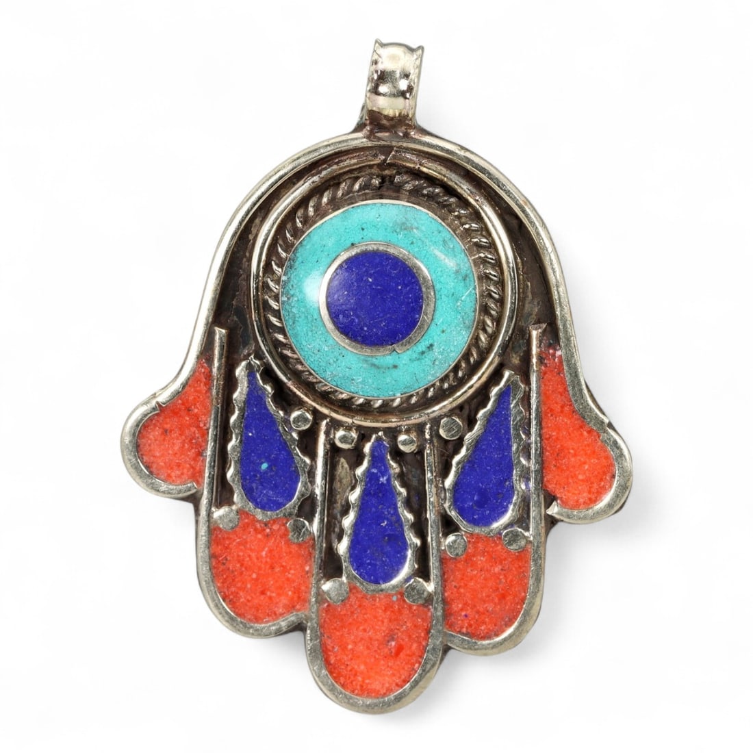Tibetan Hamsa Symbol Pendant with Turquoise Lapis Coral Inlay, Silver Alloy, 34g (1 of 2)