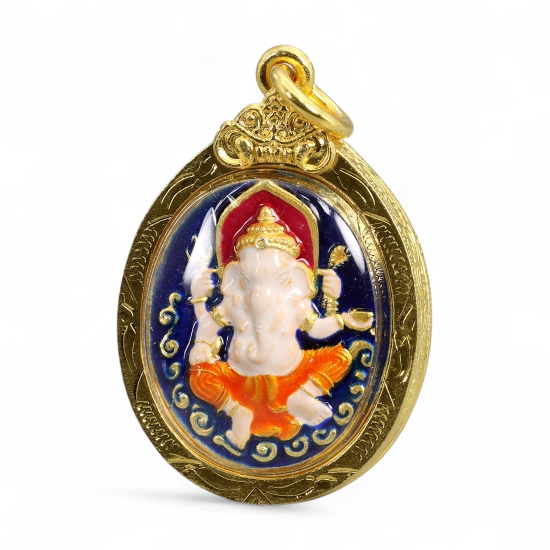 Antique Thai Ganesha Deity Enamel Amulet in Gilt Brass Frame, c. 20th Century, 16g: This vibrant Thai amulet features the revered Hindu deity Ganesha, known across Southeast Asia as the remover of obstacles and the patron of arts, wisdom, and beginnings. Crafted in the mid-20th centu