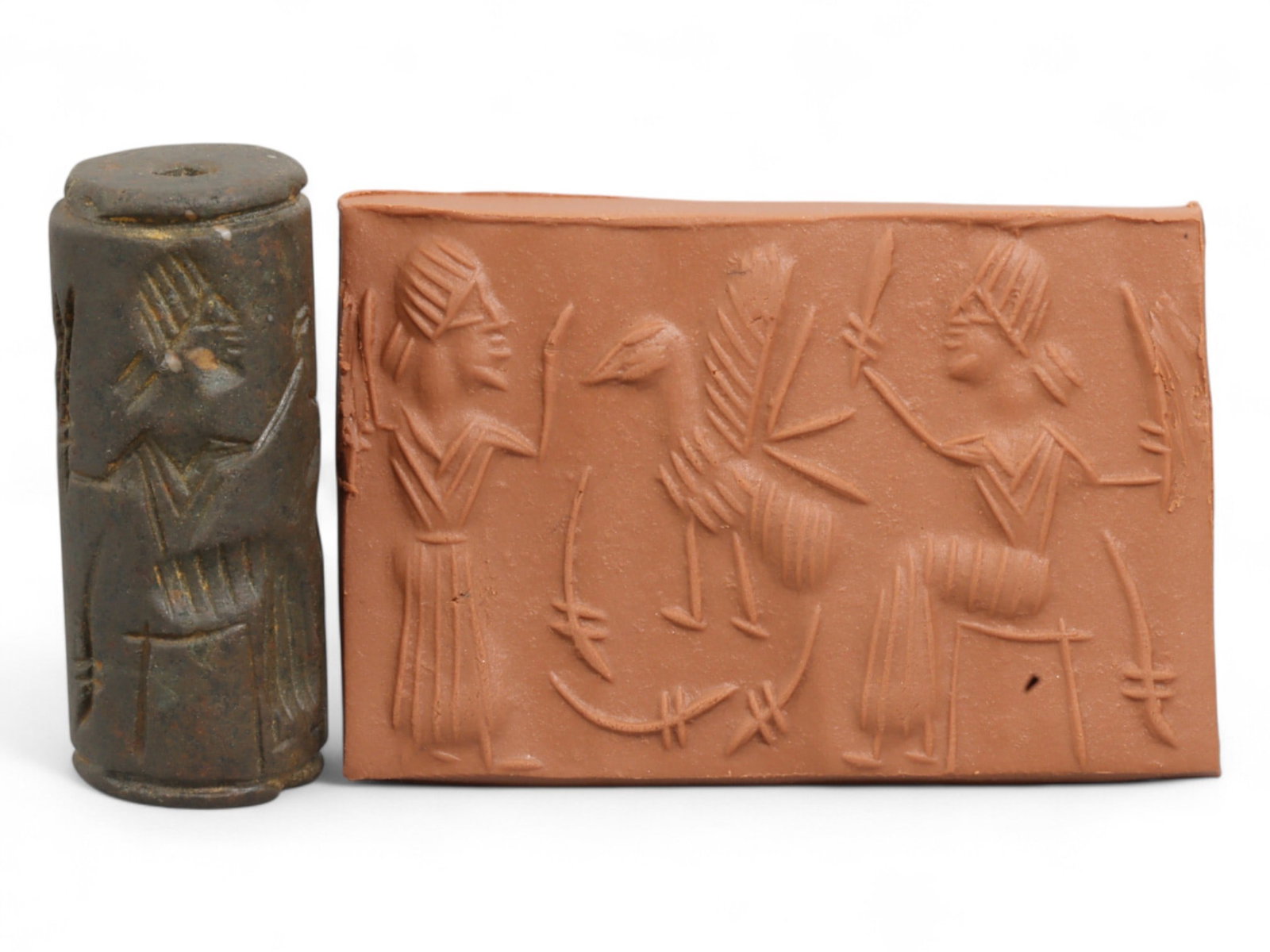 Ancient Mesopotamian Administrative Cylinder Seal, c. 2nd-1st Millennium BCE, 18g: This authentic cylinder seal from ancient Mesopotamia dates to the 2nd to 1st millennium BCE, a time when the art of carving miniature narratives on stone reached remarkable levels of refinement. Seal