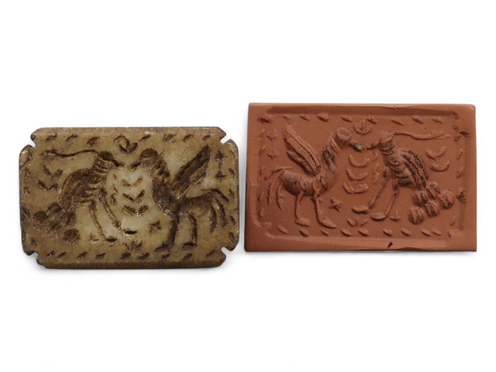 Ancient Sasanian Mythical Winged Creatures Stamp Seal Bead, c. 3rd-6th Century CE 52g: This large and impressive rectangular stamp seal bead, measuring 5 x 3.2 cm and weighing 52 grams, originates from the Sasanian Empire (224-651 CE), a dynasty celebrated for its artistic refinement an