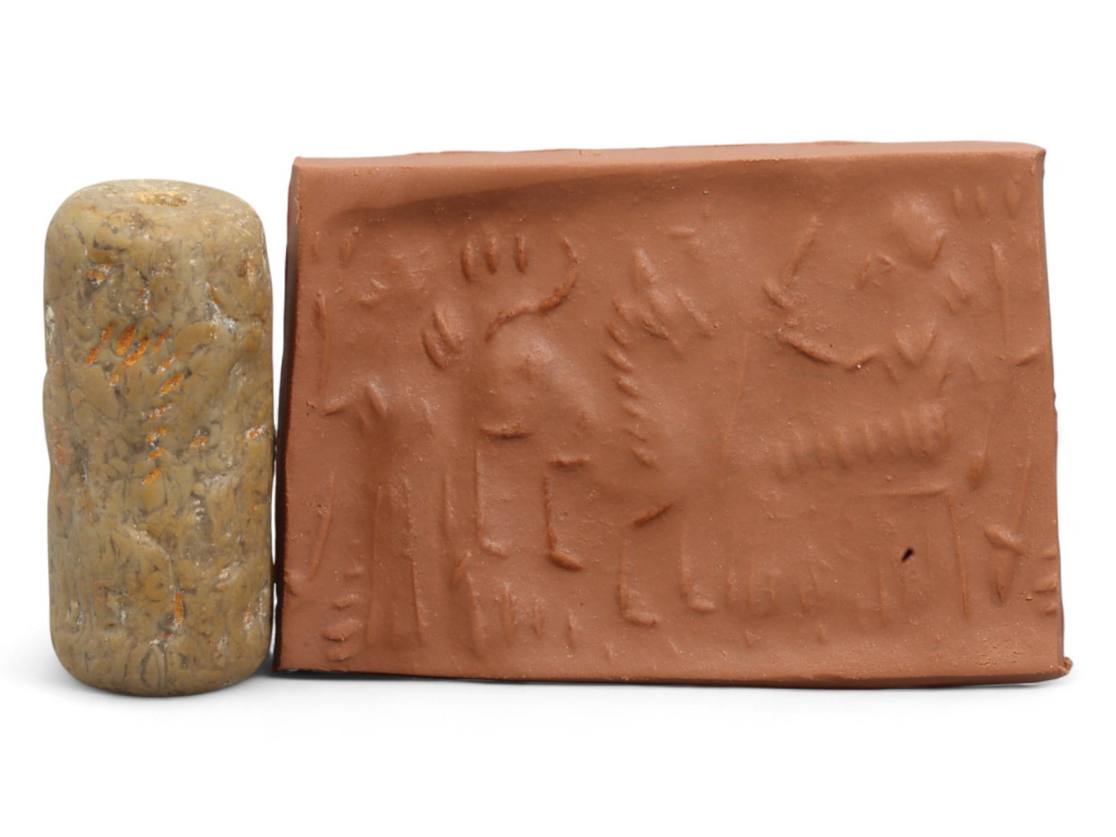 Ancient Mesopotamian Administrative Cylinder Seal, c. 2nd-1st Millennium BCE, 16g: This authentic cylinder seal from ancient Mesopotamia dates to the 2nd to 1st millennium BCE, a time when the art of carving miniature narratives on stone reached remarkable levels of refinement. Seal