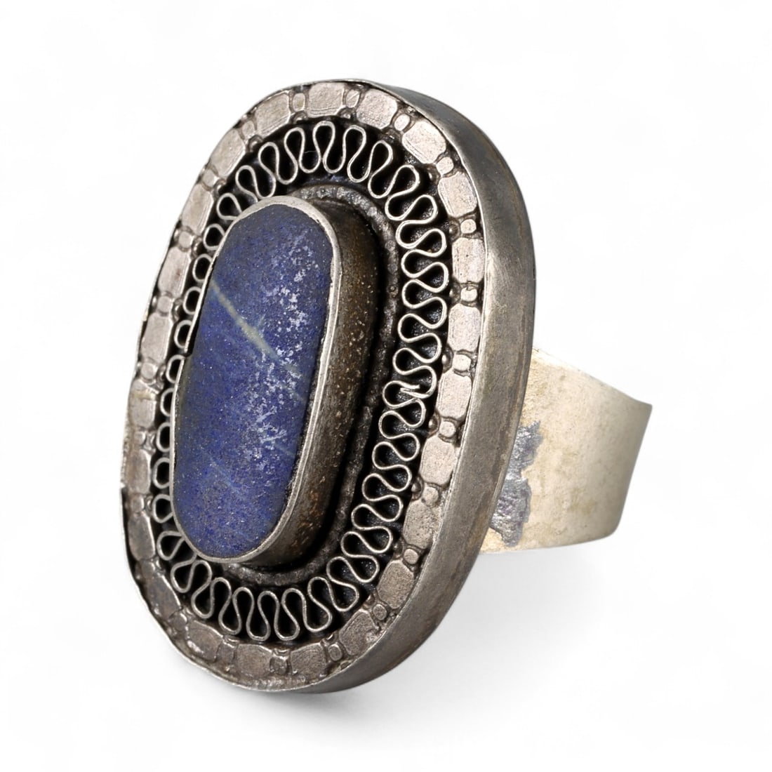 Antique Persian Qajar Dynasty Lapis Lazuli Silver Filigree Ring, c. 19th-20th Century 10g (1 of 3)