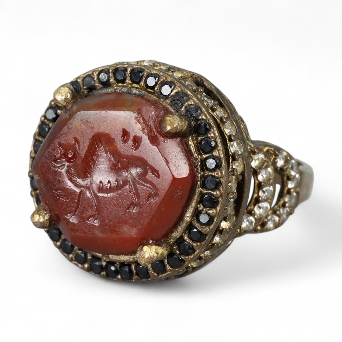 Antique Qajar Camel Intaglio Carnelian Silver Ring, c. 19th Century 7.7g (1 of 3)