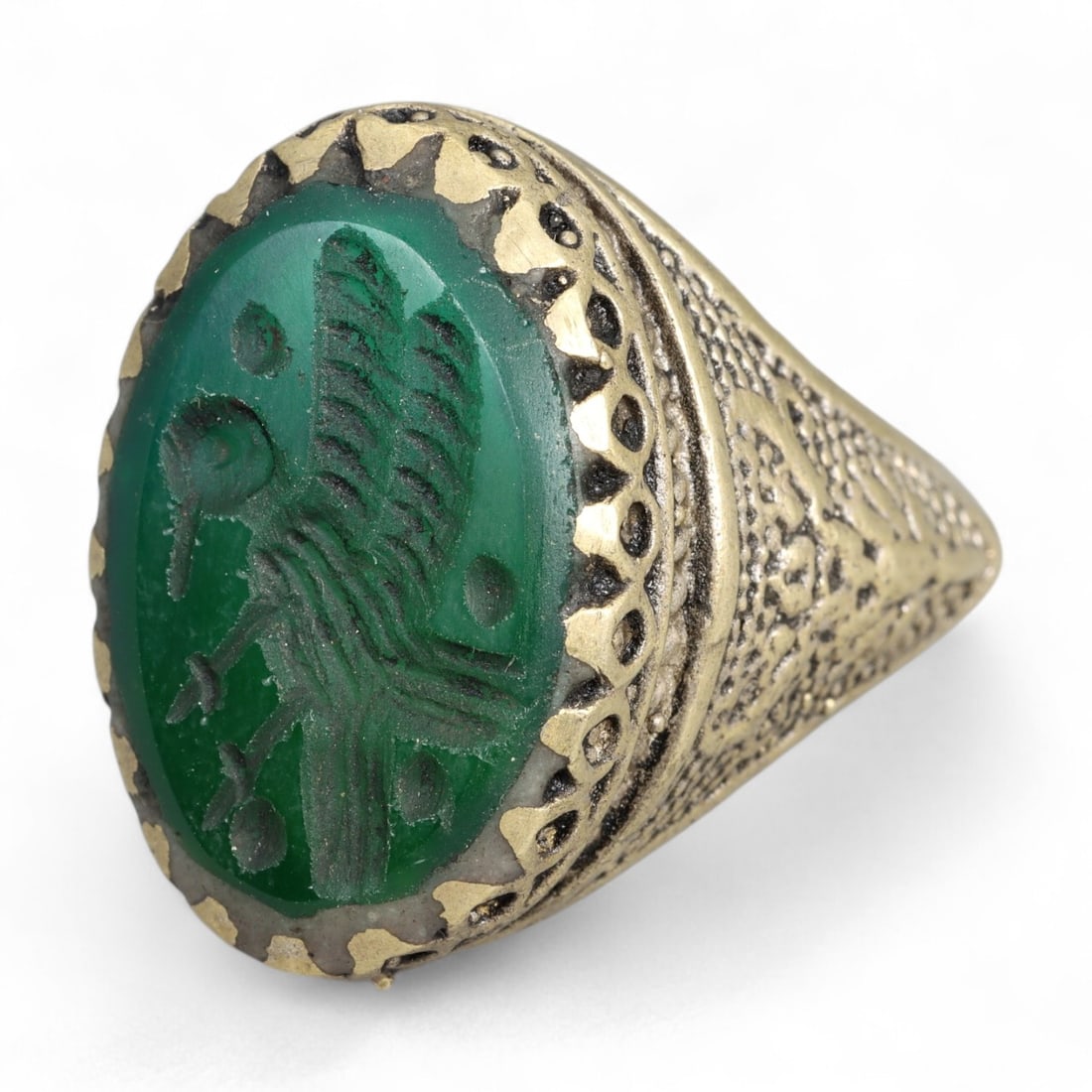 Antique Persian Qajar Engraved Bird Motif Green Agate Silver Ring, c. 19th Century 11.2g (1 of 3)