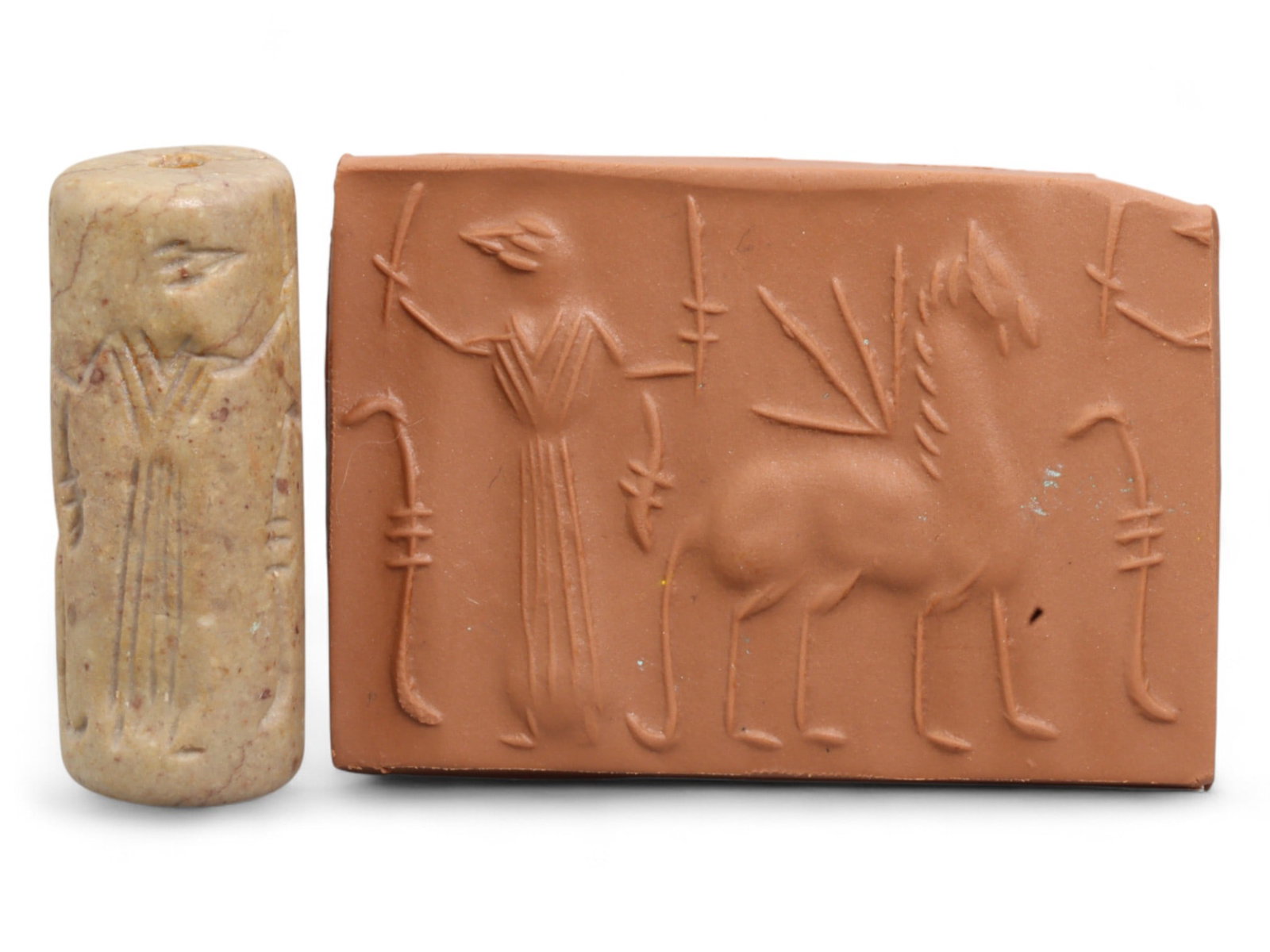 Ancient Mesopotamian Administrative Cylinder Seal, c. 2nd-1st Millennium BCE, 18g: This authentic cylinder seal from ancient Mesopotamia dates to the 2nd to 1st millennium BCE, a time when the art of carving miniature narratives on stone reached remarkable levels of refinement. Seal