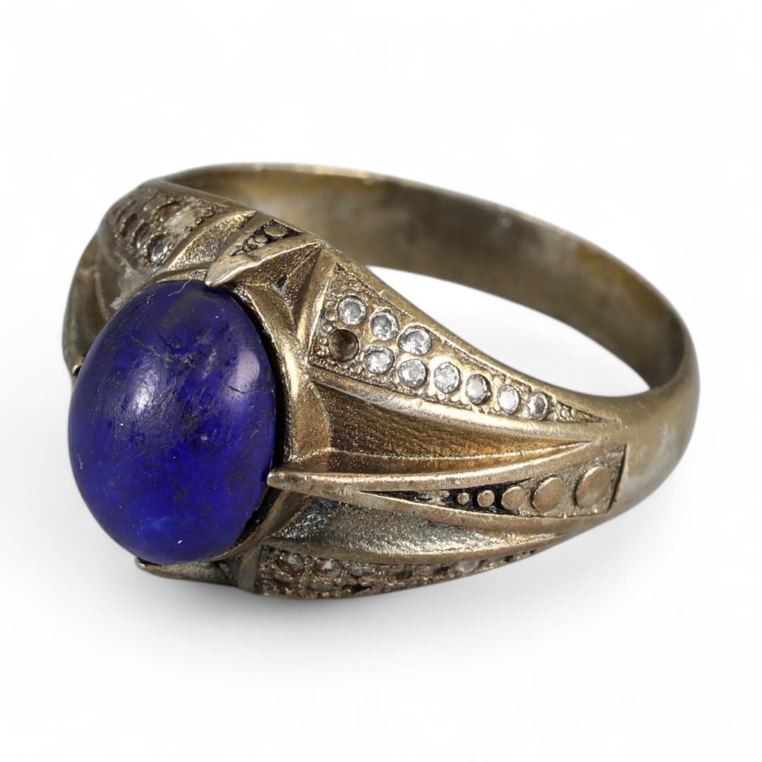 Antique Persian Lapis Lazuli Silver Ring with Geometric Detailing, c. 19th Century 5g (1 of 3)