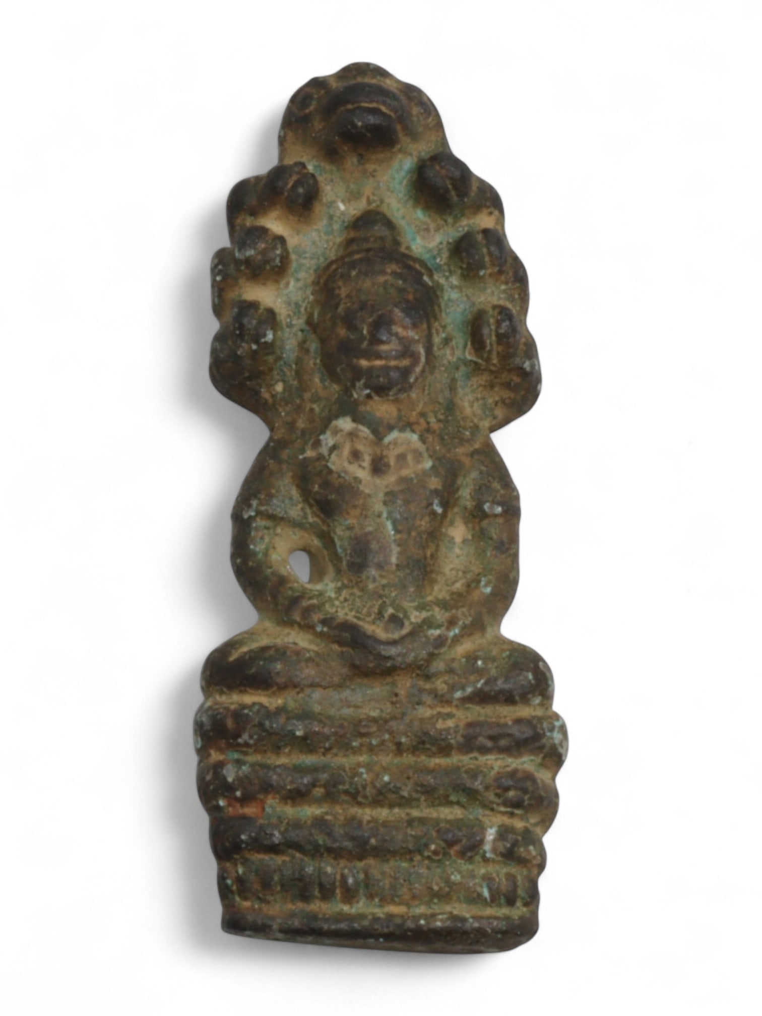 Antique Thai Buddha Protected by Naga Bronze Amulet, Rattanakosin Era, c. 19th Century CE, 42g (1 of 2)
