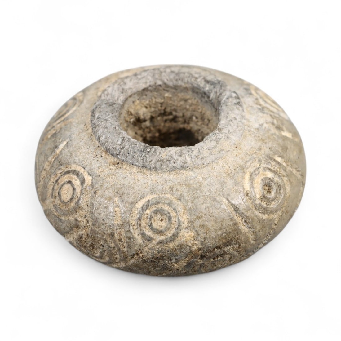 Ancient Indo-Greek Spiral Rosette Bone Spindle Whorl, c. 2nd-1st Century BCE, 1.5cm, 1.5g: Delicate yet enduring, this ivory-toned bone spindle whorl originates from the culturally rich Indo-Greek territories of Northern India or Afghanistan during the Hellenistic period, c. 2nd-1st century