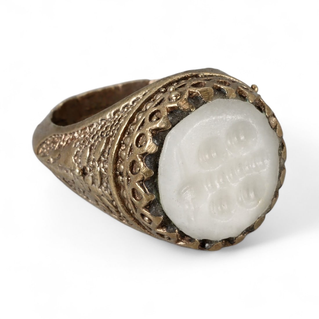 Antique Persian Style White Agate Intaglio Silver Gilt Ring, c. 19th-20th Century 11g (1 of 3)