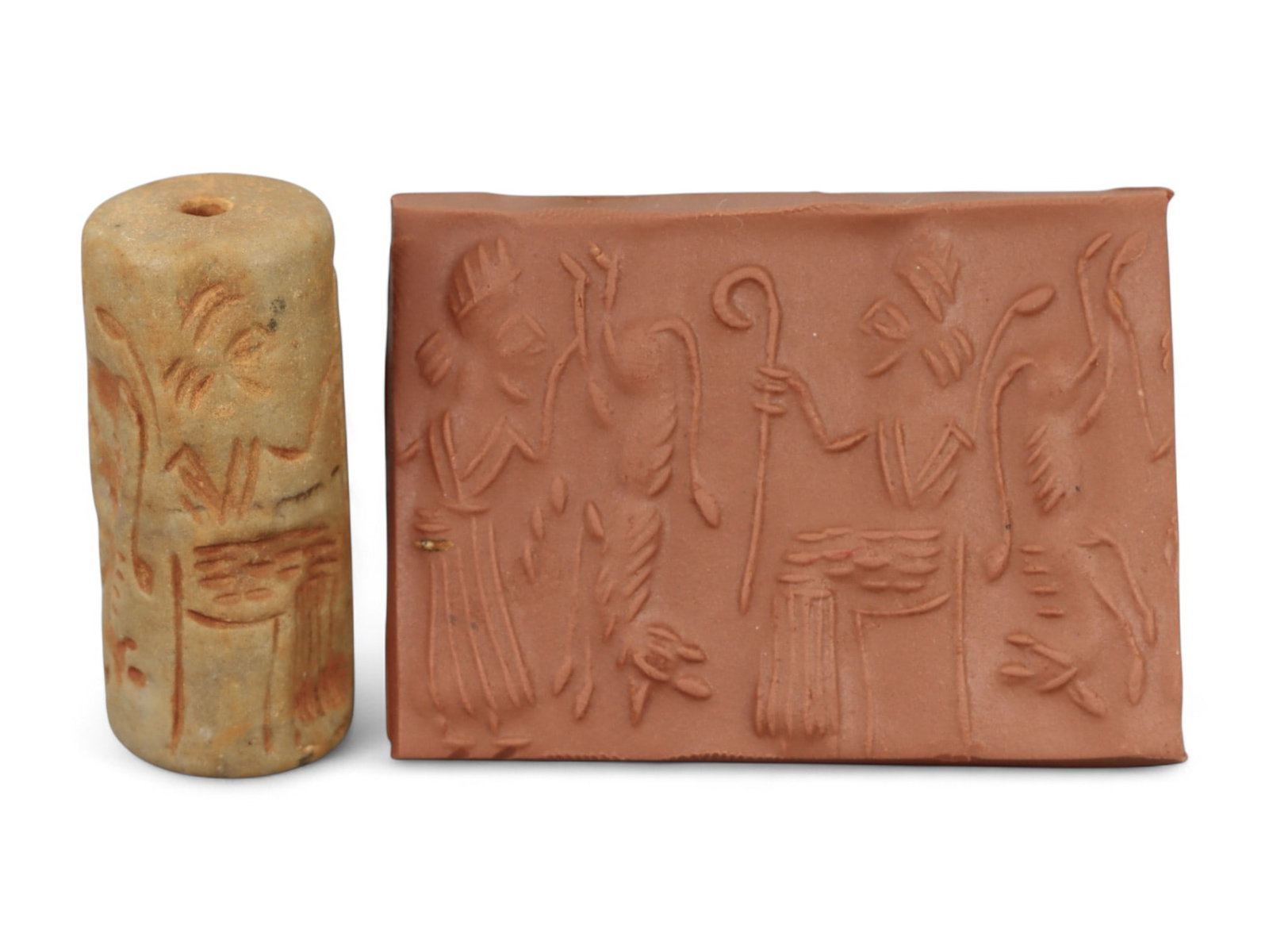 Ancient Mesopotamian Administrative Cylinder Seal, c. 2nd-1st Millennium BCE, 20g: This authentic cylinder seal from ancient Mesopotamia dates to the 2nd to 1st millennium BCE, a time when the art of carving miniature narratives on stone reached remarkable levels of refinement. Seal