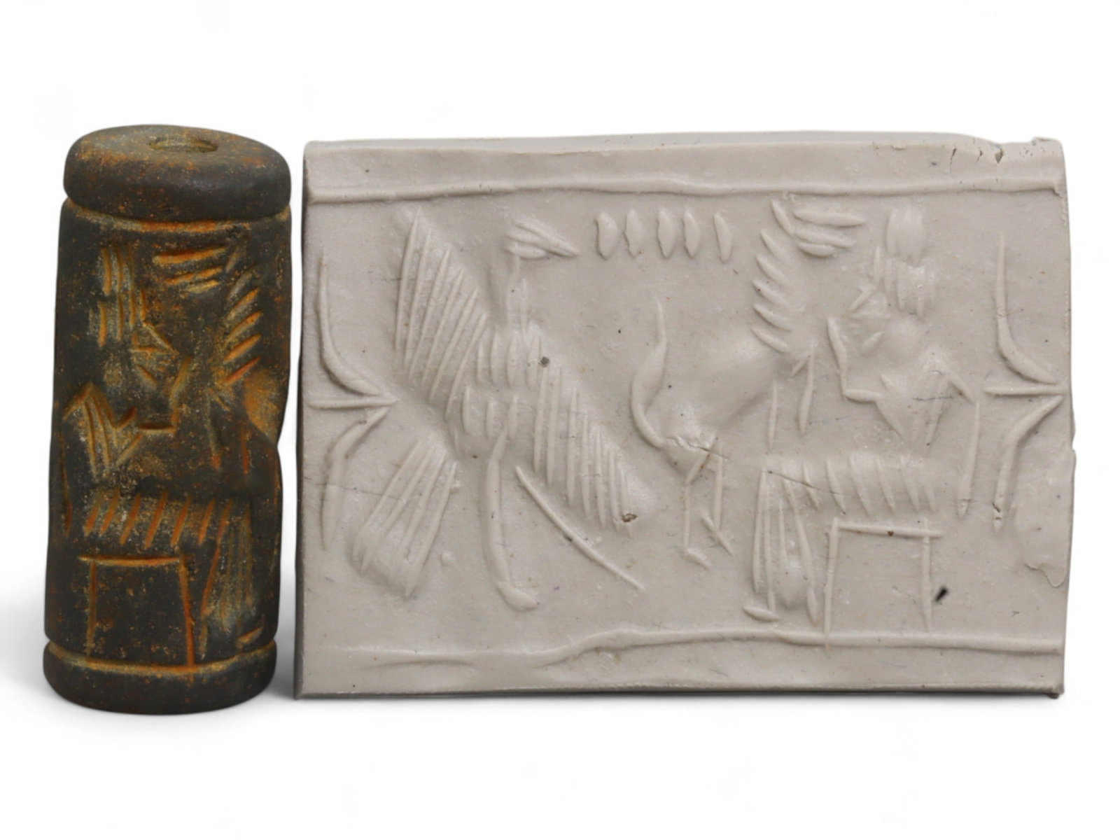 Ancient Mesopotamian Administrative Cylinder Seal, c. 2nd-1st Millennium BCE, 16g: This authentic cylinder seal from ancient Mesopotamia dates to the 2nd to 1st millennium BCE, a time when the art of carving miniature narratives on stone reached remarkable levels of refinement. Seal