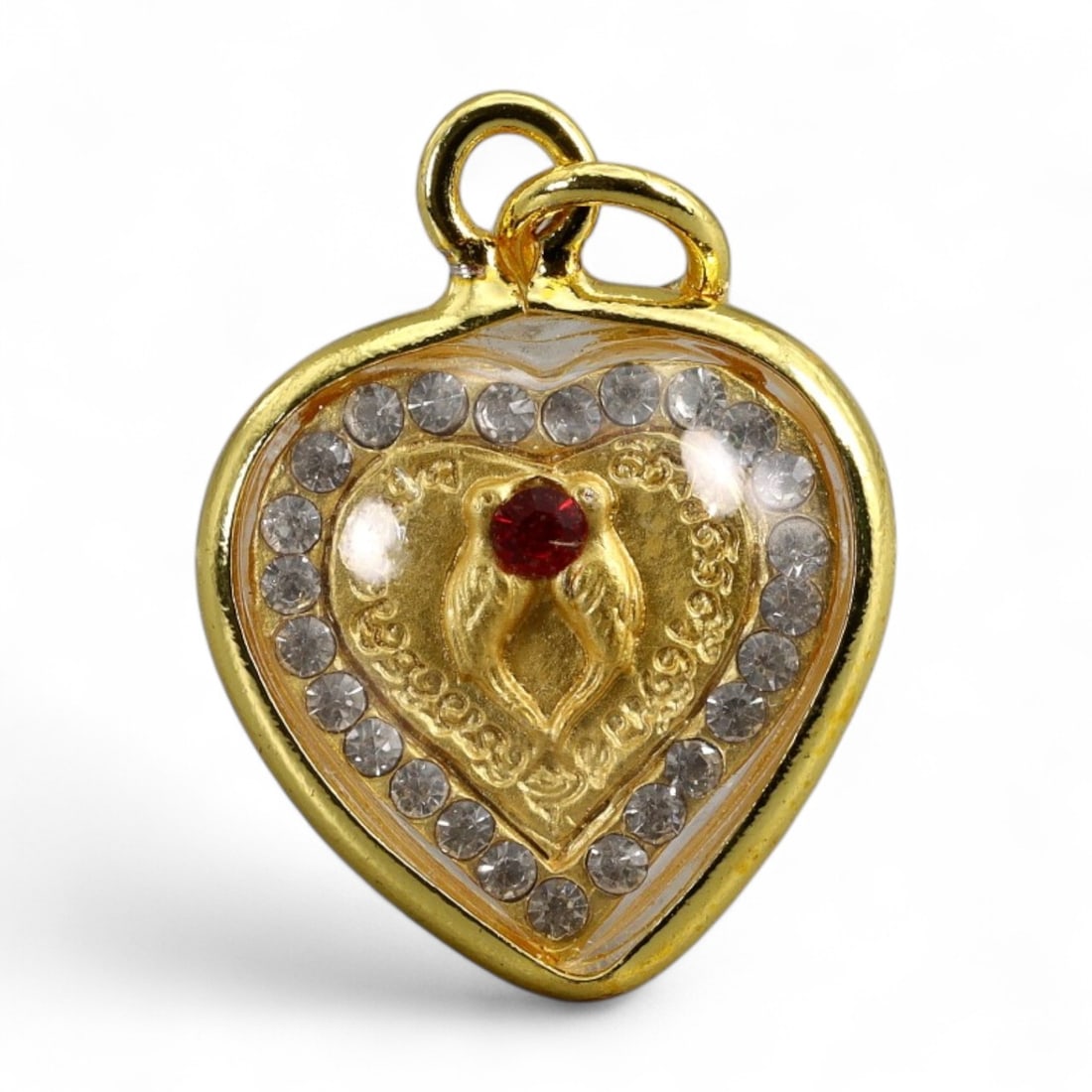 Vintage Thai Twin Love Birds Heart Amulet in Gilt Frame, c. Late 20th Century, 3g (1 of 2)