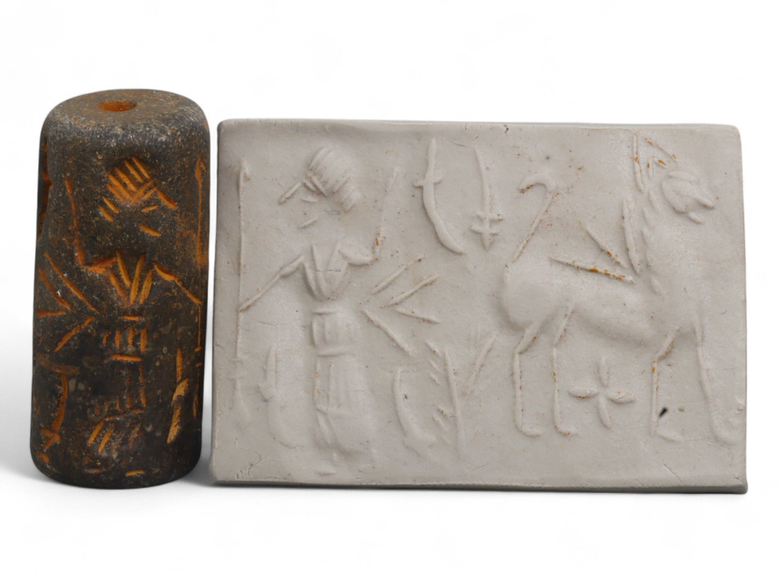 Ancient Mesopotamian Administrative Cylinder Seal, c. 2nd-1st Millennium BCE, 21g: This authentic cylinder seal from ancient Mesopotamia dates to the 2nd to 1st millennium BCE, a time when the art of carving miniature narratives on stone reached remarkable levels of refinement. Seal