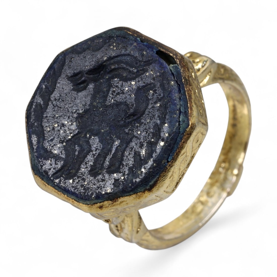 Antique Qajar Gold Gilt Intaglio Signet Ring, c. 19th-20th Century, 8.5 US, 16g: This substantial gilt ring, dating to the Qajar era of the 19th-20th century, embodies the regal aesthetic and cultural refinement of Persian jewelry traditions. The bezel is set with an engraved inta