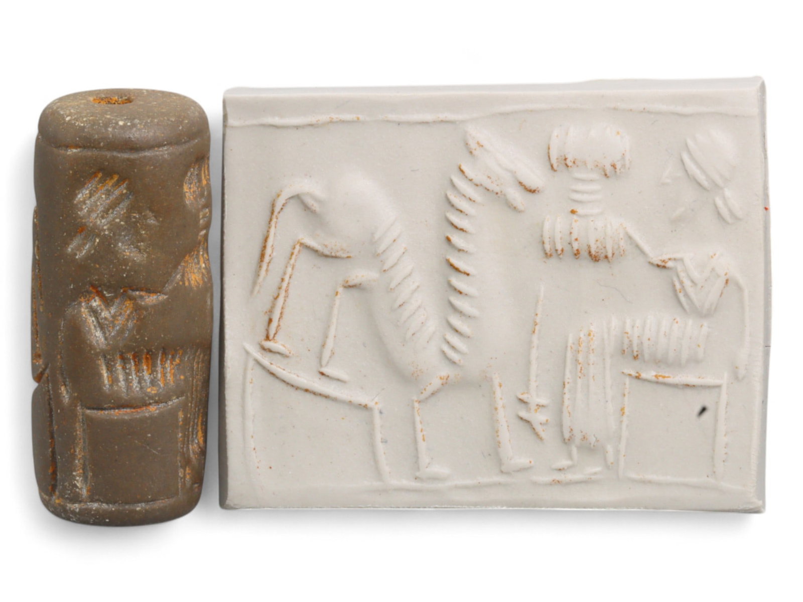 Ancient Mesopotamian Administrative Cylinder Seal, c. 2nd-1st Millennium BCE, 19g: This authentic cylinder seal from ancient Mesopotamia dates to the 2nd to 1st millennium BCE, a time when the art of carving miniature narratives on stone reached remarkable levels of refinement. Seal