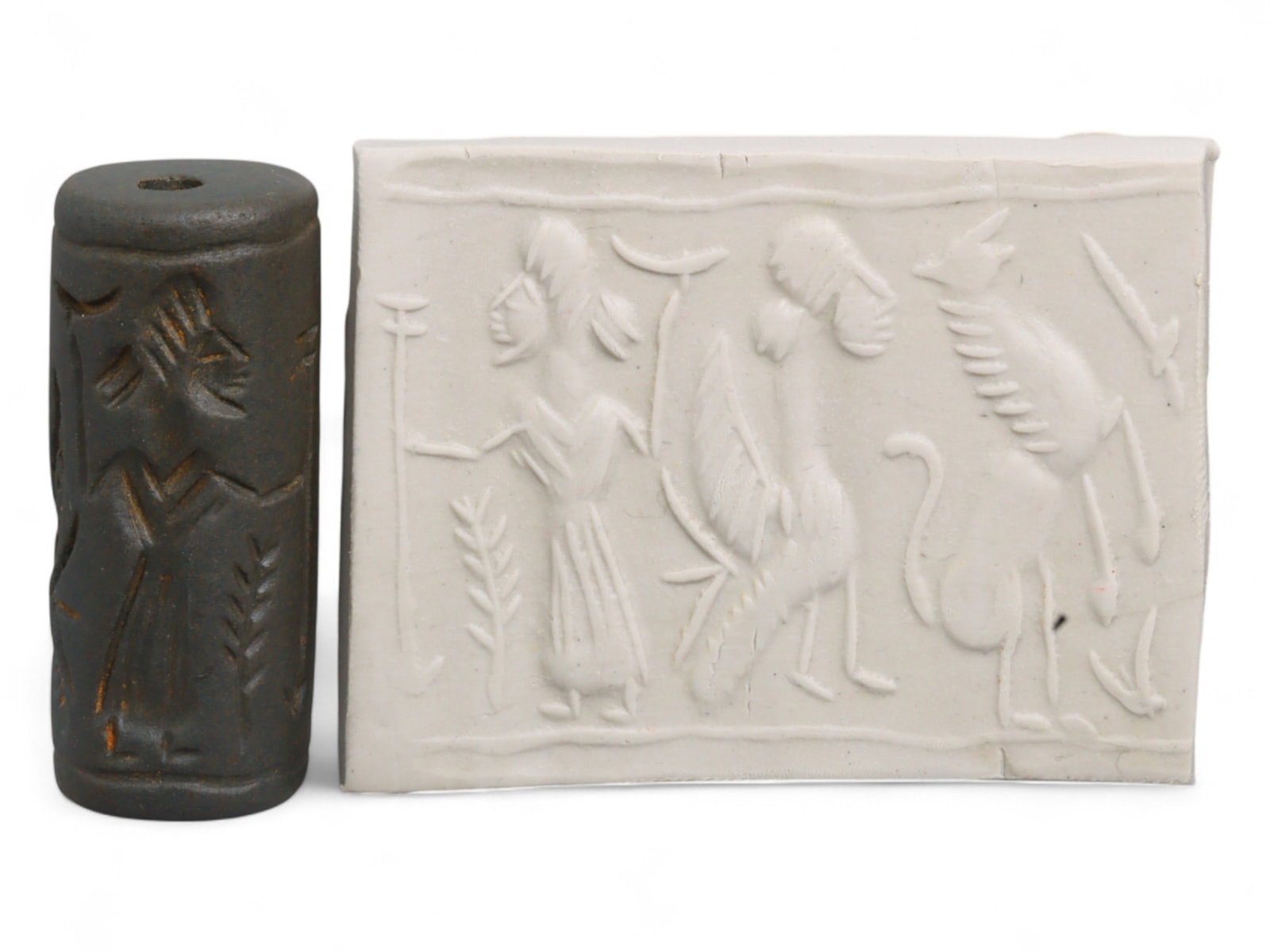 Ancient Mesopotamian Administrative Cylinder Seal, c. 2nd-1st Millennium BCE, 23g: This authentic cylinder seal from ancient Mesopotamia dates to the 2nd to 1st millennium BCE, a time when the art of carving miniature narratives on stone reached remarkable levels of refinement. Seal