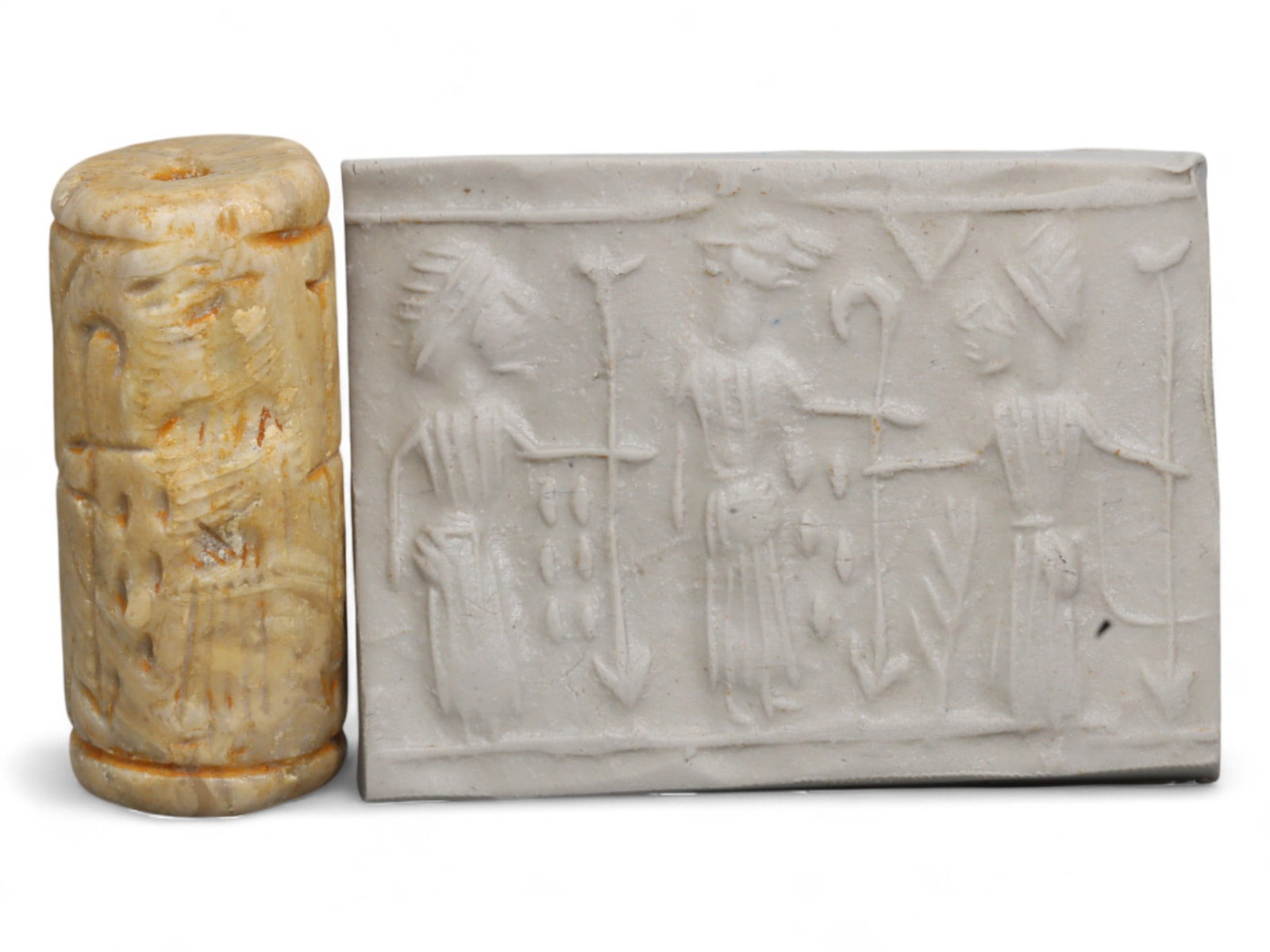 Ancient Mesopotamian Administrative Cylinder Seal, c. 2nd-1st Millennium BCE, 22g: This authentic cylinder seal from ancient Mesopotamia dates to the 2nd to 1st millennium BCE, a time when the art of carving miniature narratives on stone reached remarkable levels of refinement. Seal
