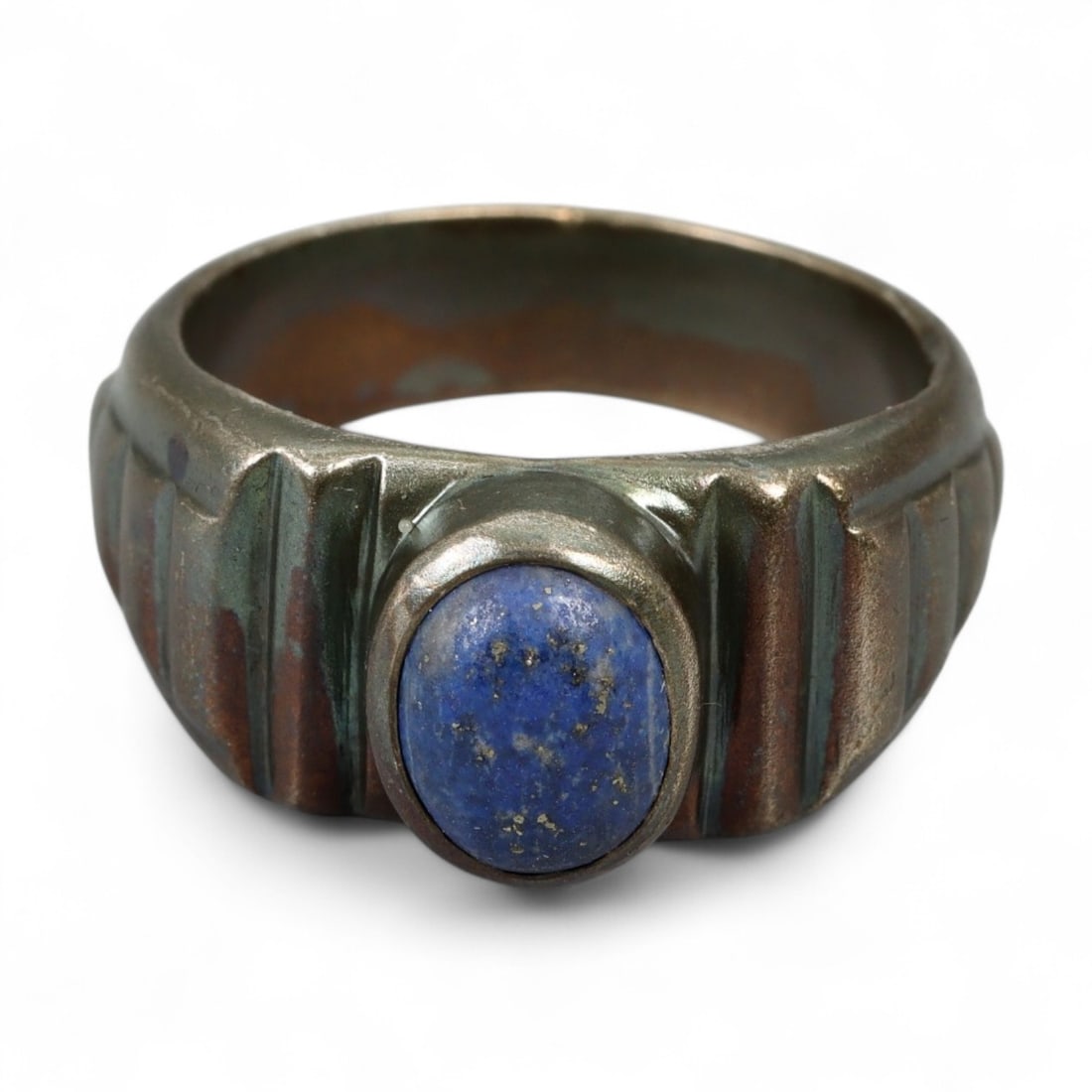 Antique Persian Lapis Lazuli Silver Ring with Geometric Shoulders, c. 19th Century 10g (1 of 3)