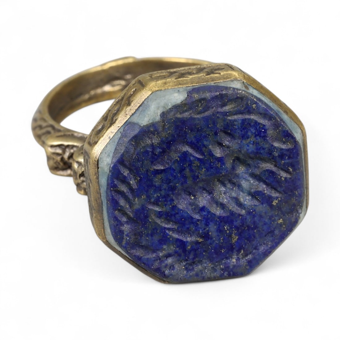 Antique Qajar Gold Gilt Intaglio Signet Ring, c. 19th-20th Century, 8.5 US, 16g: This substantial gilt ring, dating to the Qajar era of the 19th-20th century, embodies the regal aesthetic and cultural refinement of Persian jewelry traditions. The bezel is set with an engraved inta
