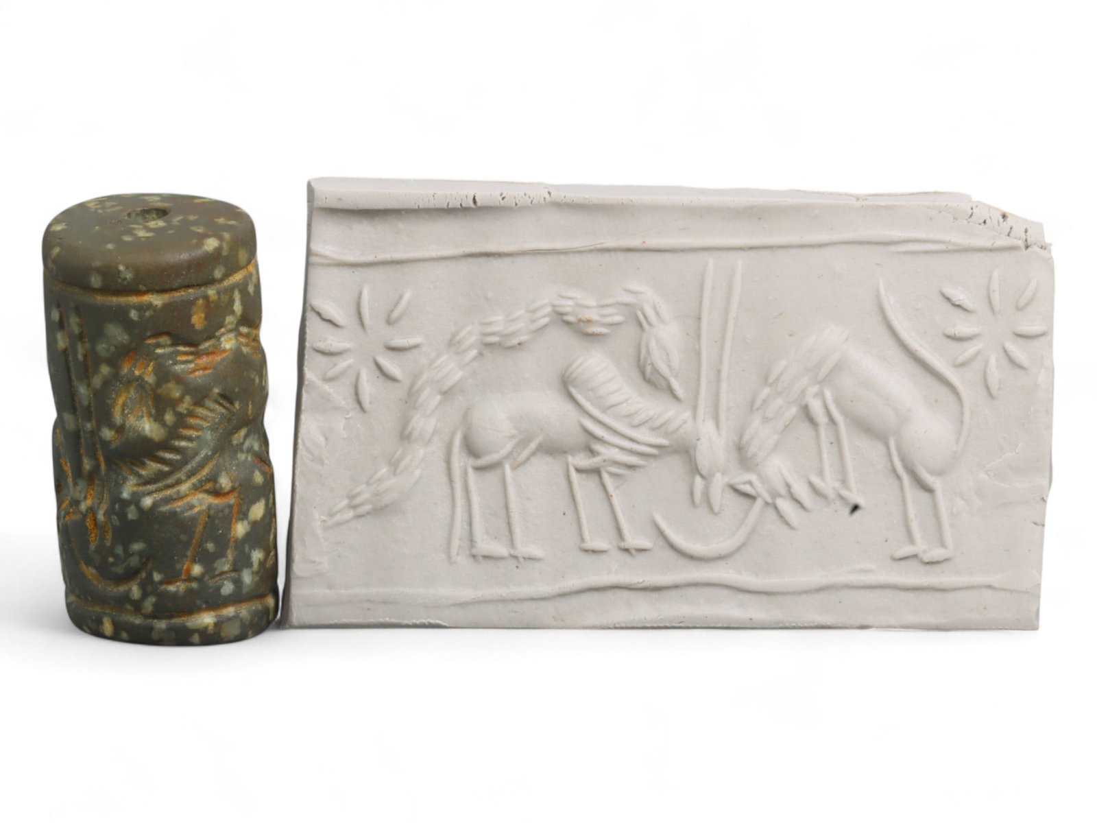 Ancient Mesopotamian Administrative Cylinder Seal, c. 2nd-1st Millennium BCE, 24g: This authentic cylinder seal from ancient Mesopotamia dates to the 2nd to 1st millennium BCE, a time when the art of carving miniature narratives on stone reached remarkable levels of refinement. Seal