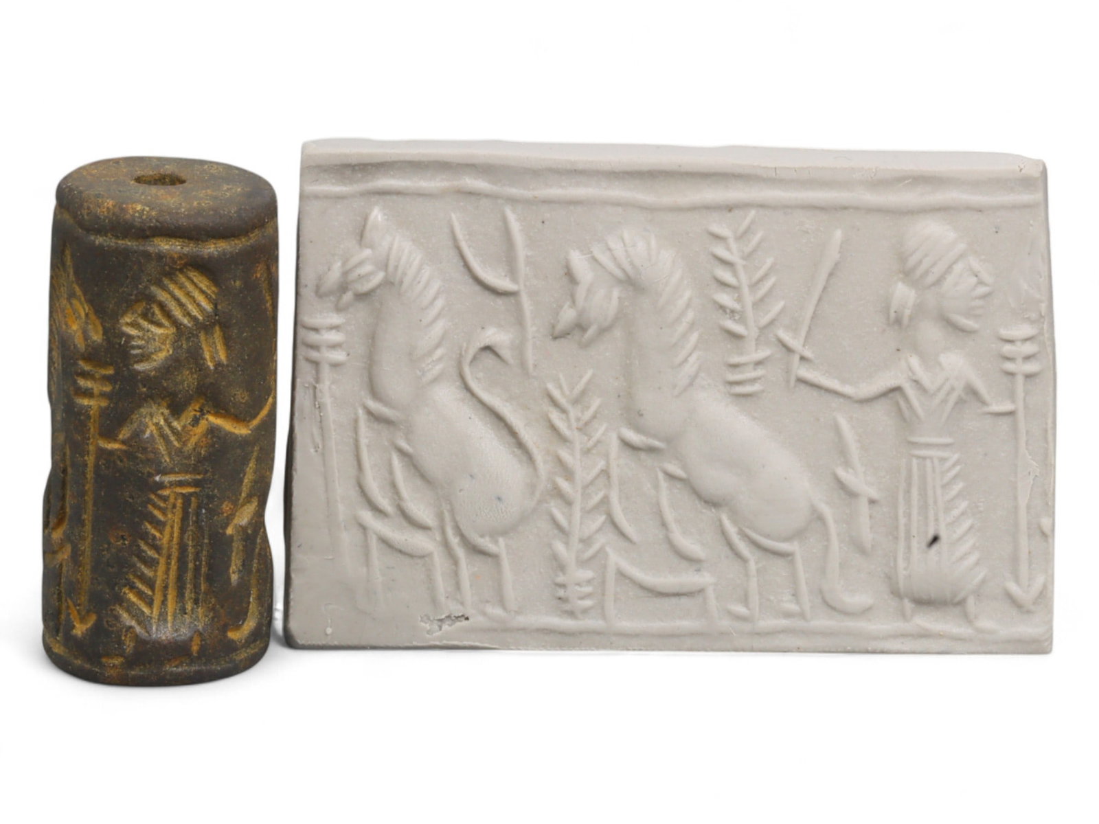 Ancient Mesopotamian Administrative Cylinder Seal, c. 2nd-1st Millennium BCE, 21g: This authentic cylinder seal from ancient Mesopotamia dates to the 2nd to 1st millennium BCE, a time when the art of carving miniature narratives on stone reached remarkable levels of refinement. Seal