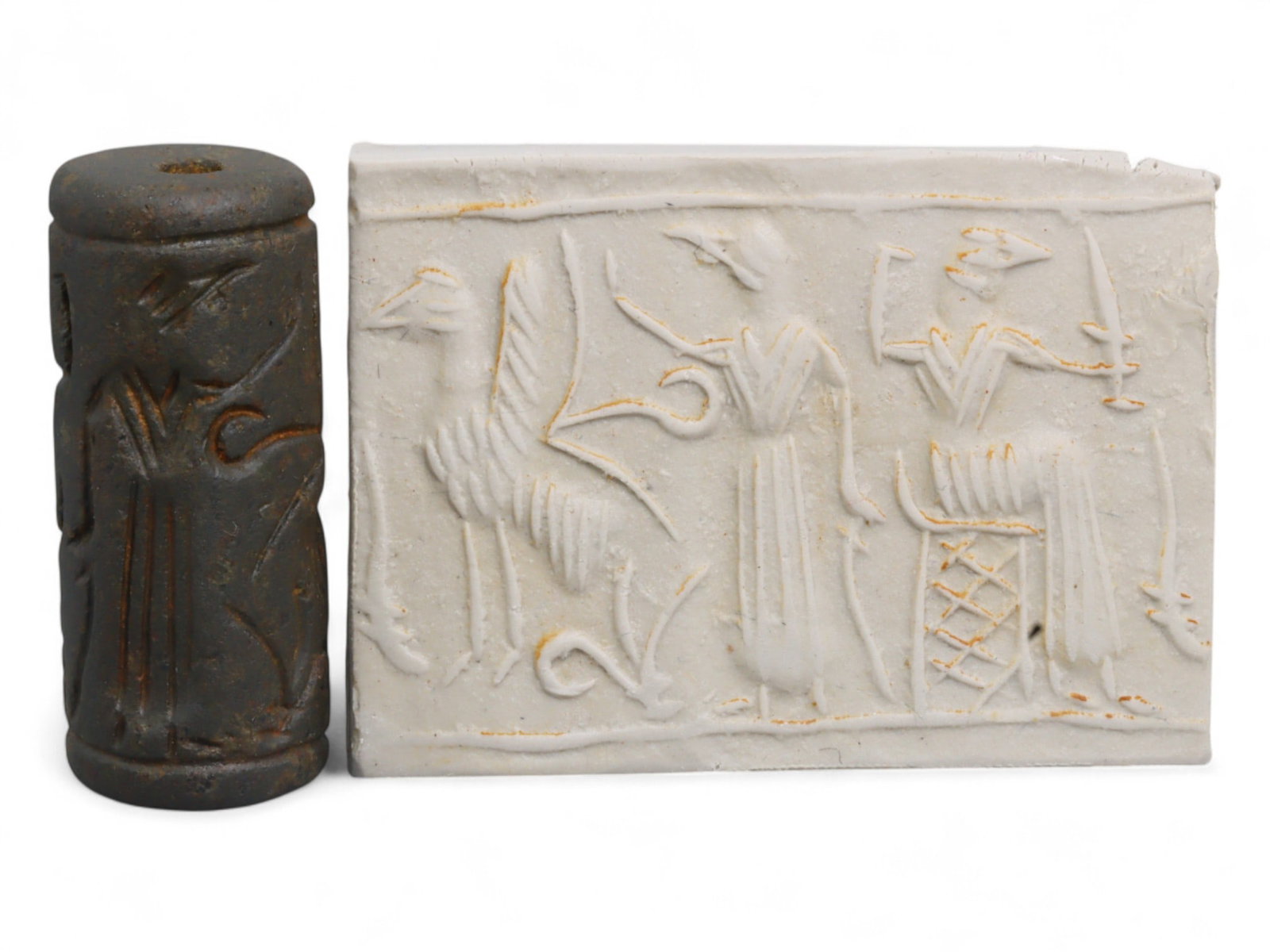Ancient Mesopotamian Administrative Cylinder Seal, c. 2nd-1st Millennium BCE, 22g: This authentic cylinder seal from ancient Mesopotamia dates to the 2nd to 1st millennium BCE, a time when the art of carving miniature narratives on stone reached remarkable levels of refinement. Seal