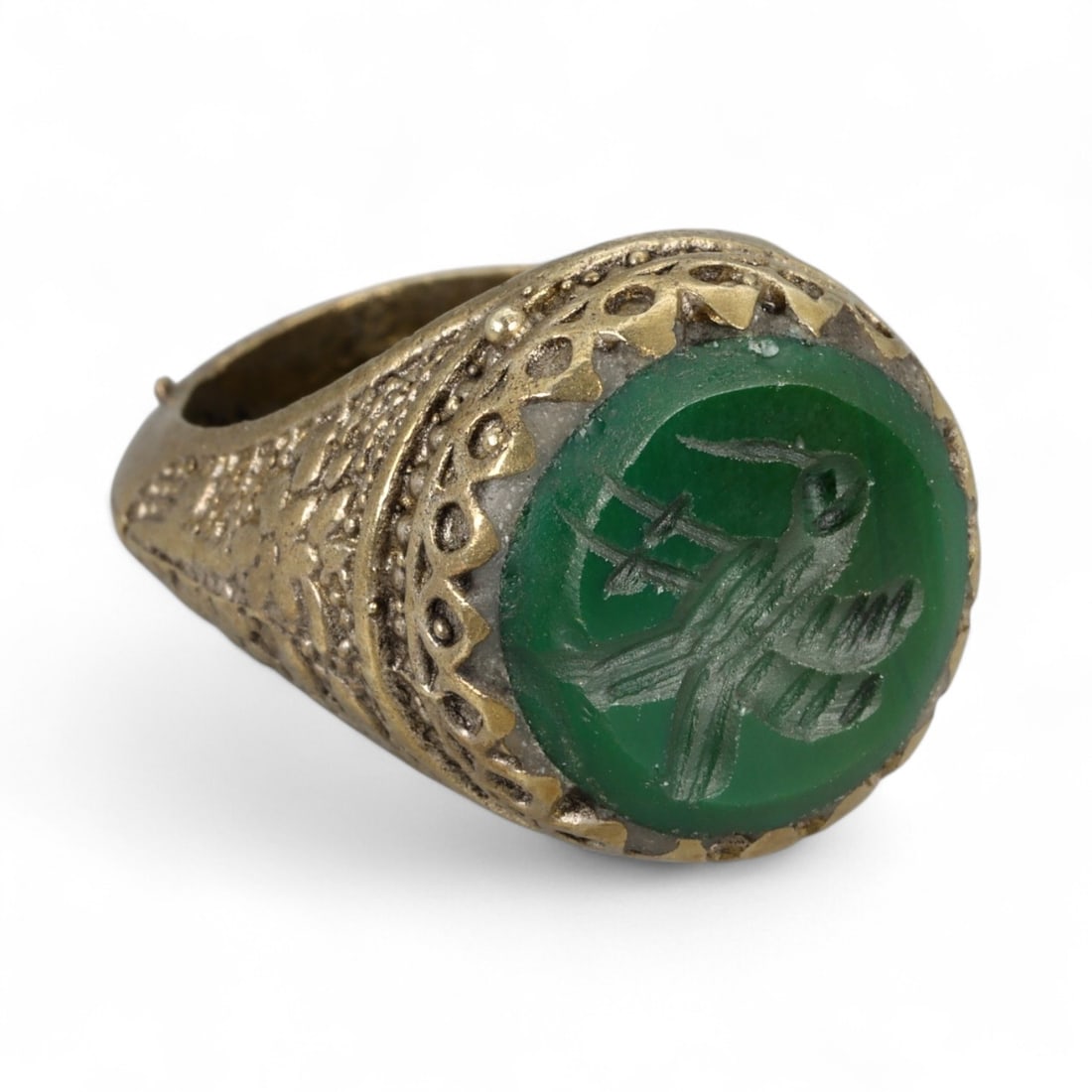 Antique Persian Style Green Agate Intaglio Silver Gilt Ring, c. 19th-20th Century 11g (1 of 3)