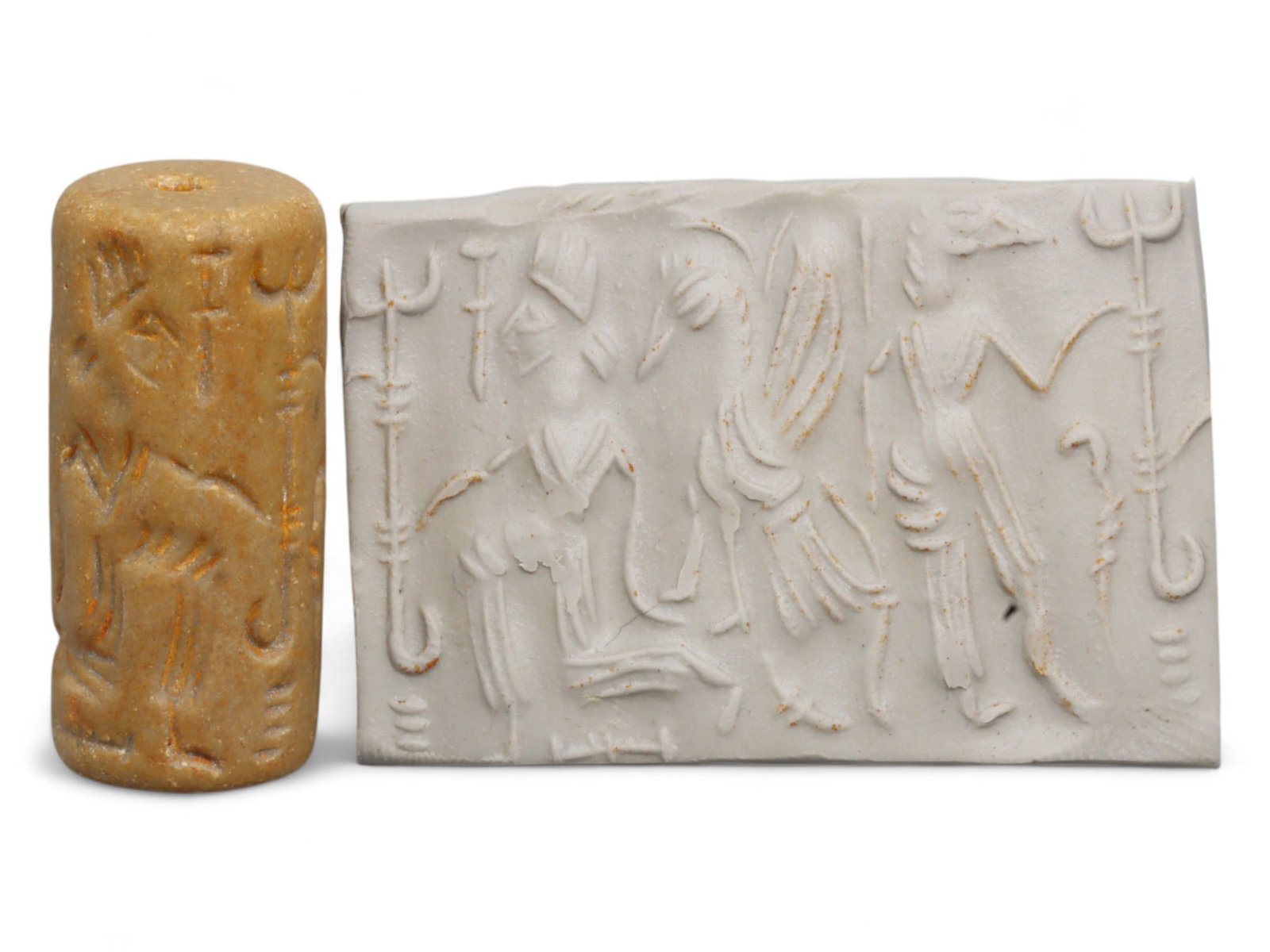 Ancient Mesopotamian Administrative Cylinder Seal, c. 2nd-1st Millennium BCE, 24g: This authentic cylinder seal from ancient Mesopotamia dates to the 2nd to 1st millennium BCE, a time when the art of carving miniature narratives on stone reached remarkable levels of refinement. Seal