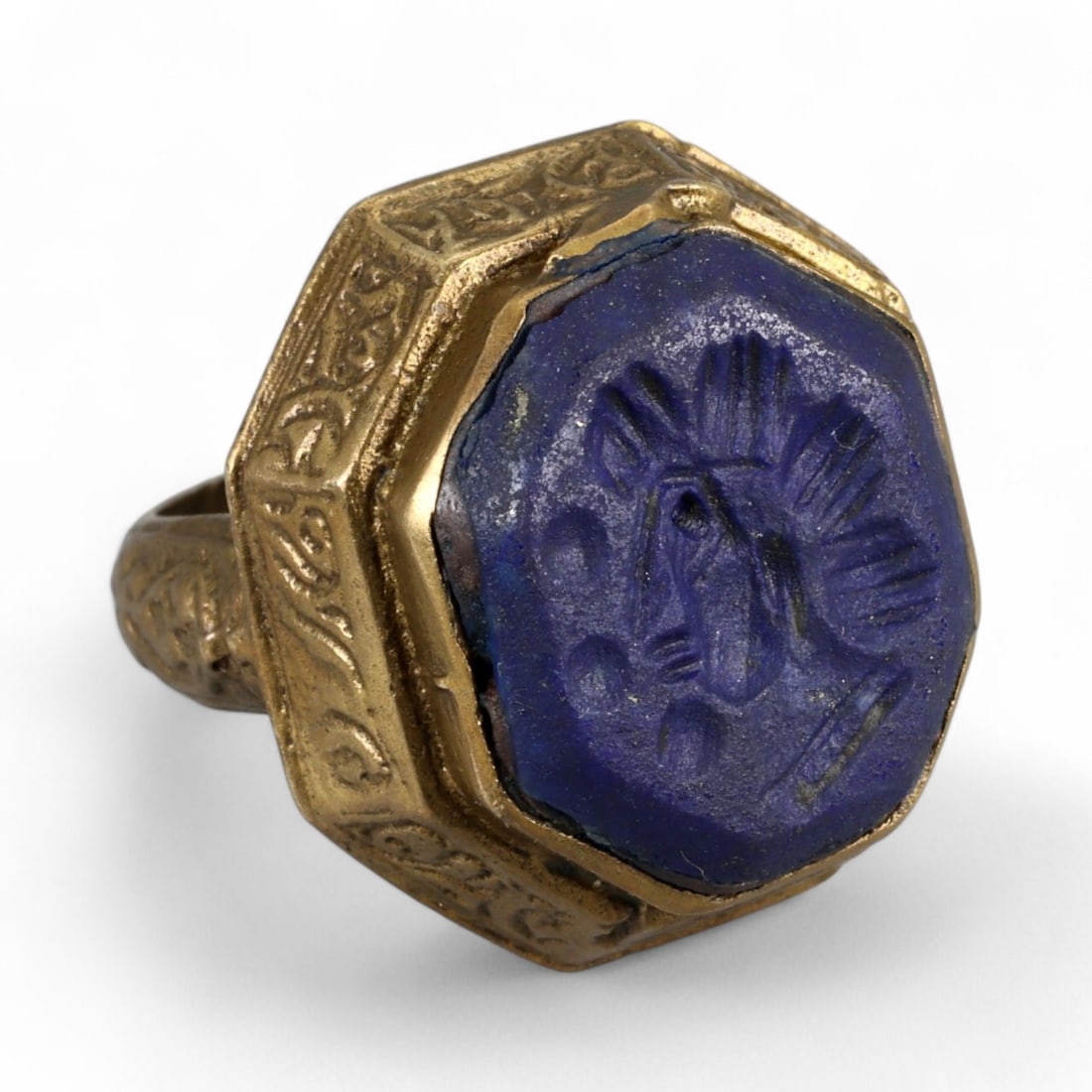 Antique Persian Style Lapis Lazuli Intaglio Silver Gilt Ring, c. 19th-20th Century 11g (1 of 3)
