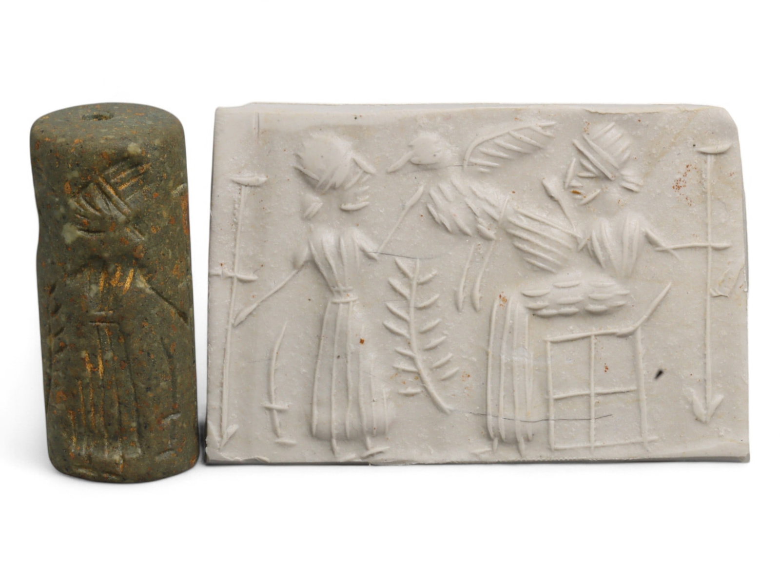 Ancient Mesopotamian Administrative Cylinder Seal, c. 2nd-1st Millennium BCE, 23g: This authentic cylinder seal from ancient Mesopotamia dates to the 2nd to 1st millennium BCE, a time when the art of carving miniature narratives on stone reached remarkable levels of refinement. Seal
