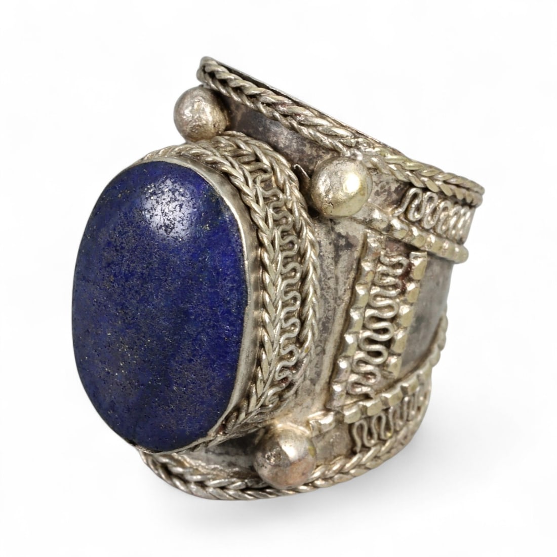 Antique Tribal Persian Lapis Lazuli Silver Ring, c. 19th-20th Century 9g (1 of 3)