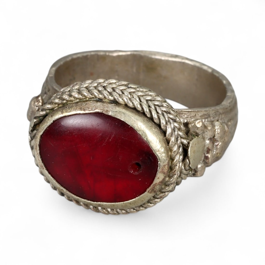 Antique Persian Red Glass Cabochon Silver Ring, c. 19th-20th Century 8g (1 of 3)