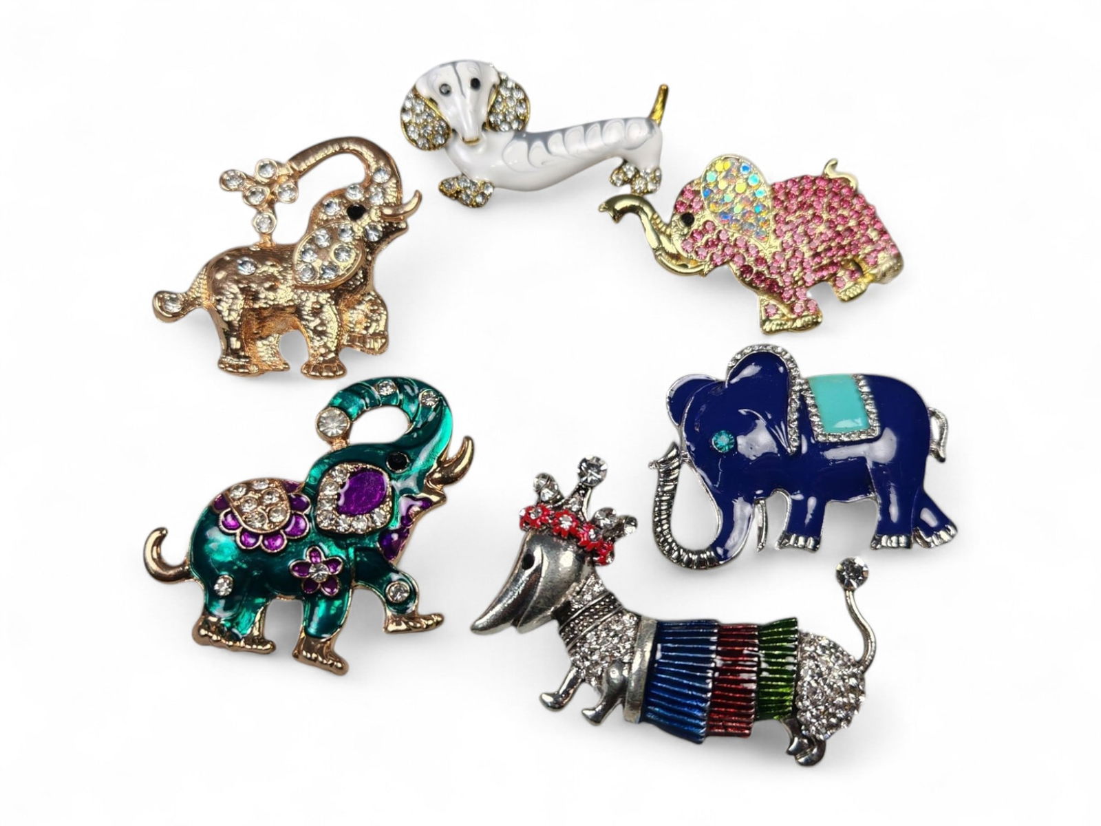 Set of Six Miniature Elephant and Dog Brooches - Enamel and Crystal Collection (1 of 3)
