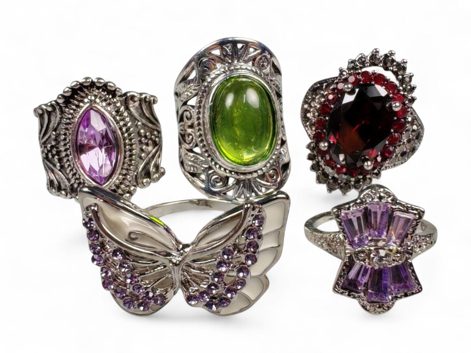 Lot of 5 Vintage and Contemporary Fashion Ring Lot, c. 20th-21st Century: This assorted lot of vintage and contemporary fashion rings offers a vibrant collection of statement pieces showcasing diverse styles, materials, and craftsmanship. Designed for decorative wear rather
