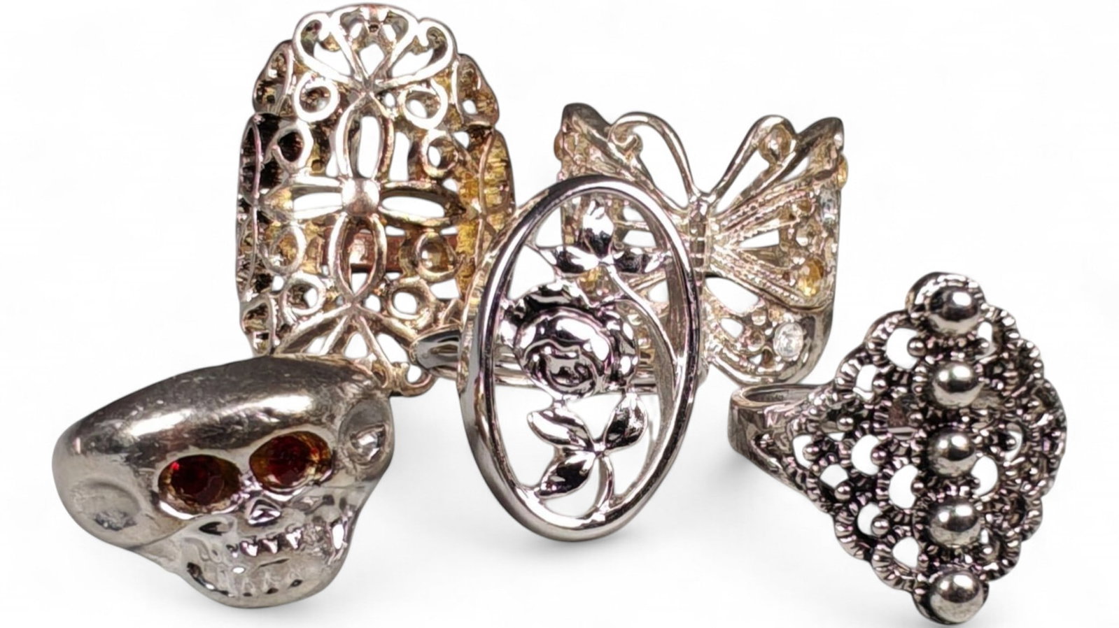 Lot of 5 Vintage and Contemporary Fashion Ring Lot, c. 20th-21st Century: This assorted lot of vintage and contemporary fashion rings offers a vibrant collection of statement pieces showcasing diverse styles, materials, and craftsmanship. Designed for decorative wear rather