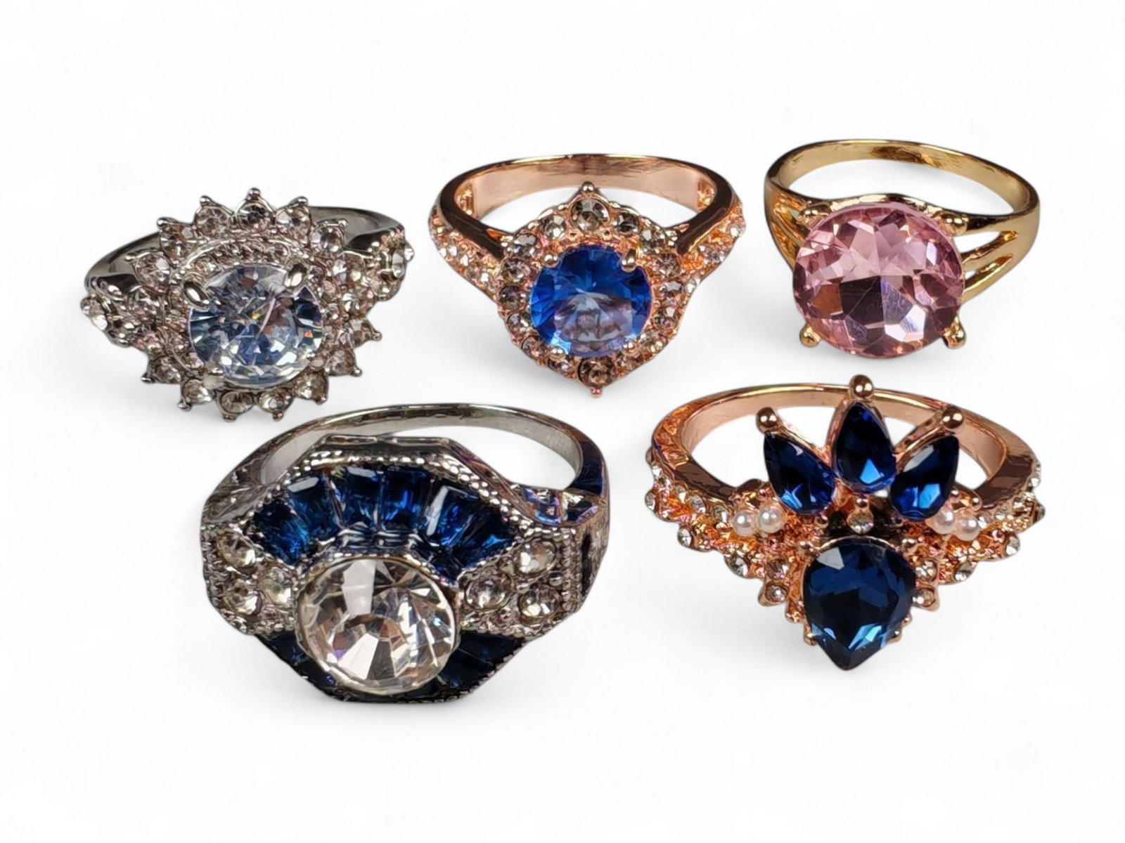 Lot of 5 Vintage and Contemporary Fashion Ring Lot, c. 20th-21st Century: This assorted lot of vintage and contemporary fashion rings offers a vibrant collection of statement pieces showcasing diverse styles, materials, and craftsmanship. Designed for decorative wear rather