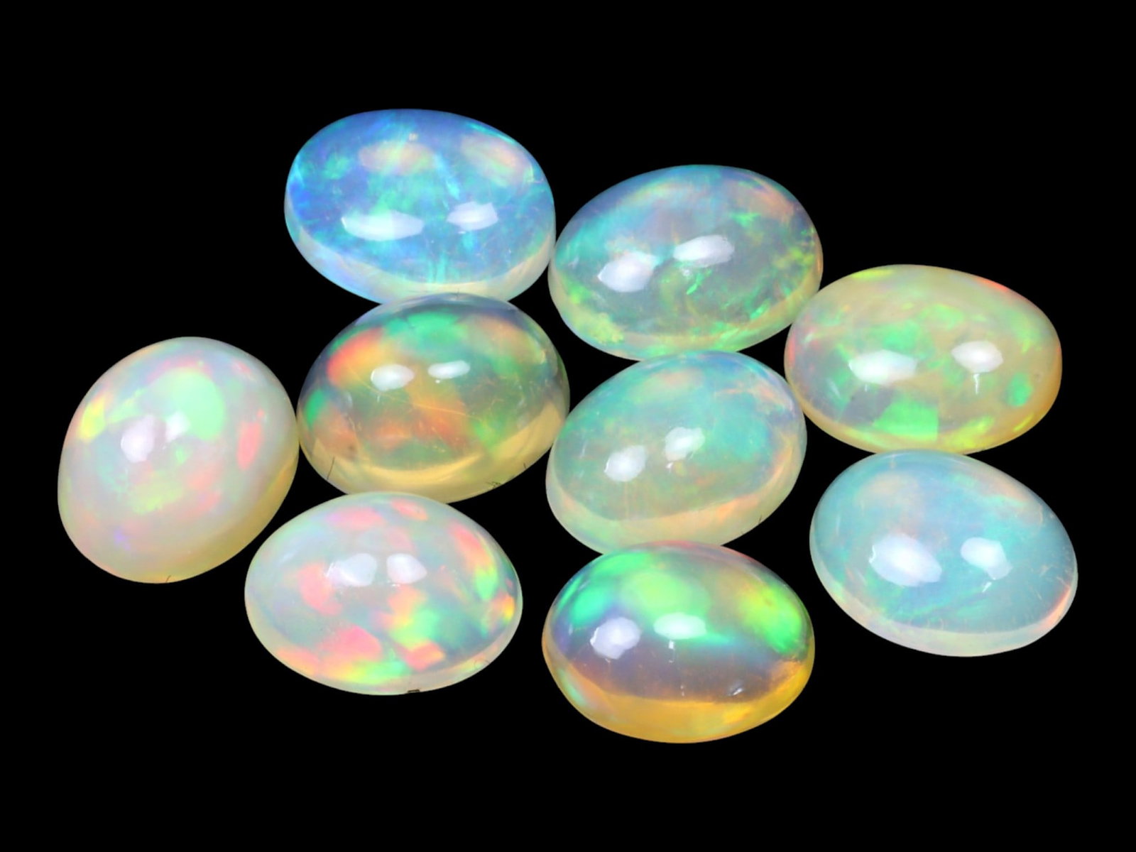 11.18 Carats Multi-Color Welo Opal Lot - Natural Ethiopian Stones: This radiant group of Welo opals displays a mesmerizing interplay of color that dances across the surface with every shift of light. Electric flashes of green, orange, and red ripple through a translu