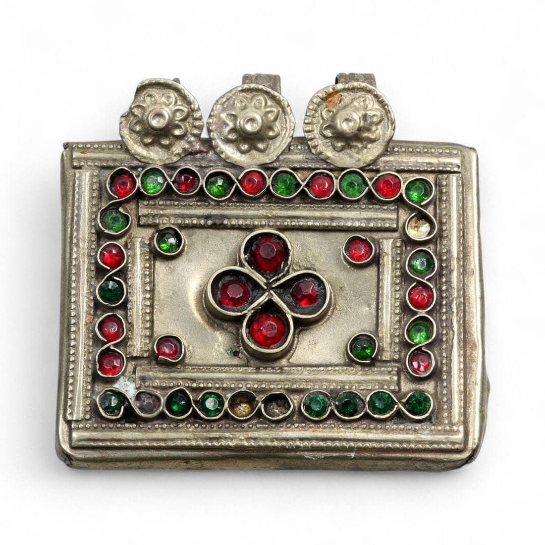 Antique Himalayan Silver Amulet Box Pendant with Glass Inlays, c. 19th Century, 5.5cm (1 of 2)