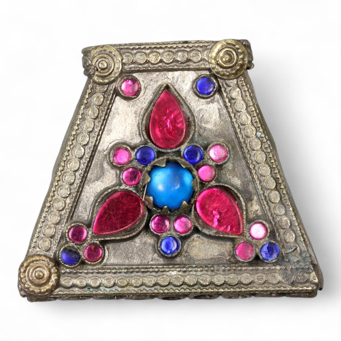 Antique Himalayan Silver Amulet Box Pendant with Glass Inlays, c. 19th Century, 5.5cm (1 of 2)