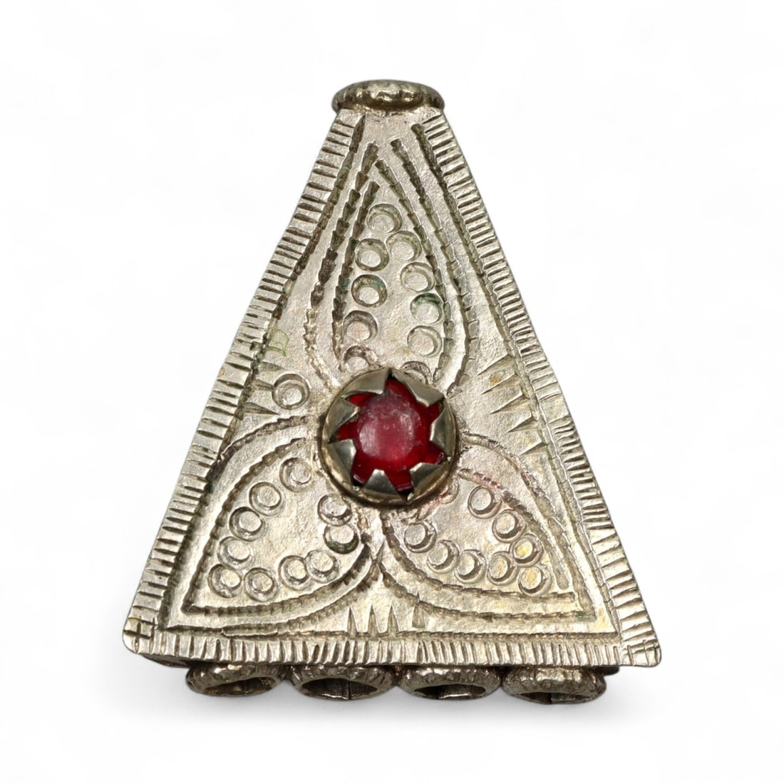 Antique Himalayan Triangular Silver Amulet Pendant, c. 19th Century, 5cm: This striking triangular silver amulet pendant originates from the Himalayan cultural region, most likely Nepal or Tibet, and dates to the 19th century. Such pendants, often worn suspended from a neck